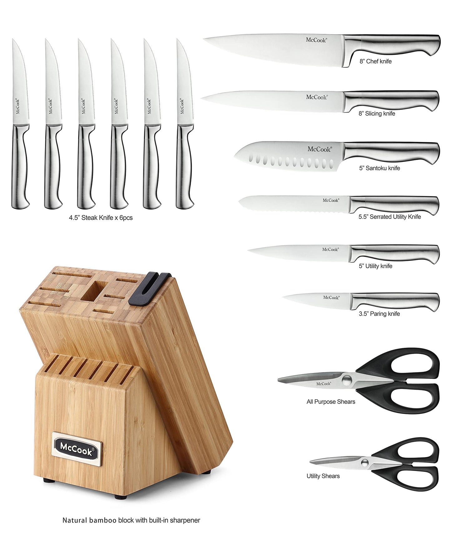 McCook® Knife Sets, Golden Titanium Stainless Steel Kitchen Knife Block Sets with Built-in Sharpener