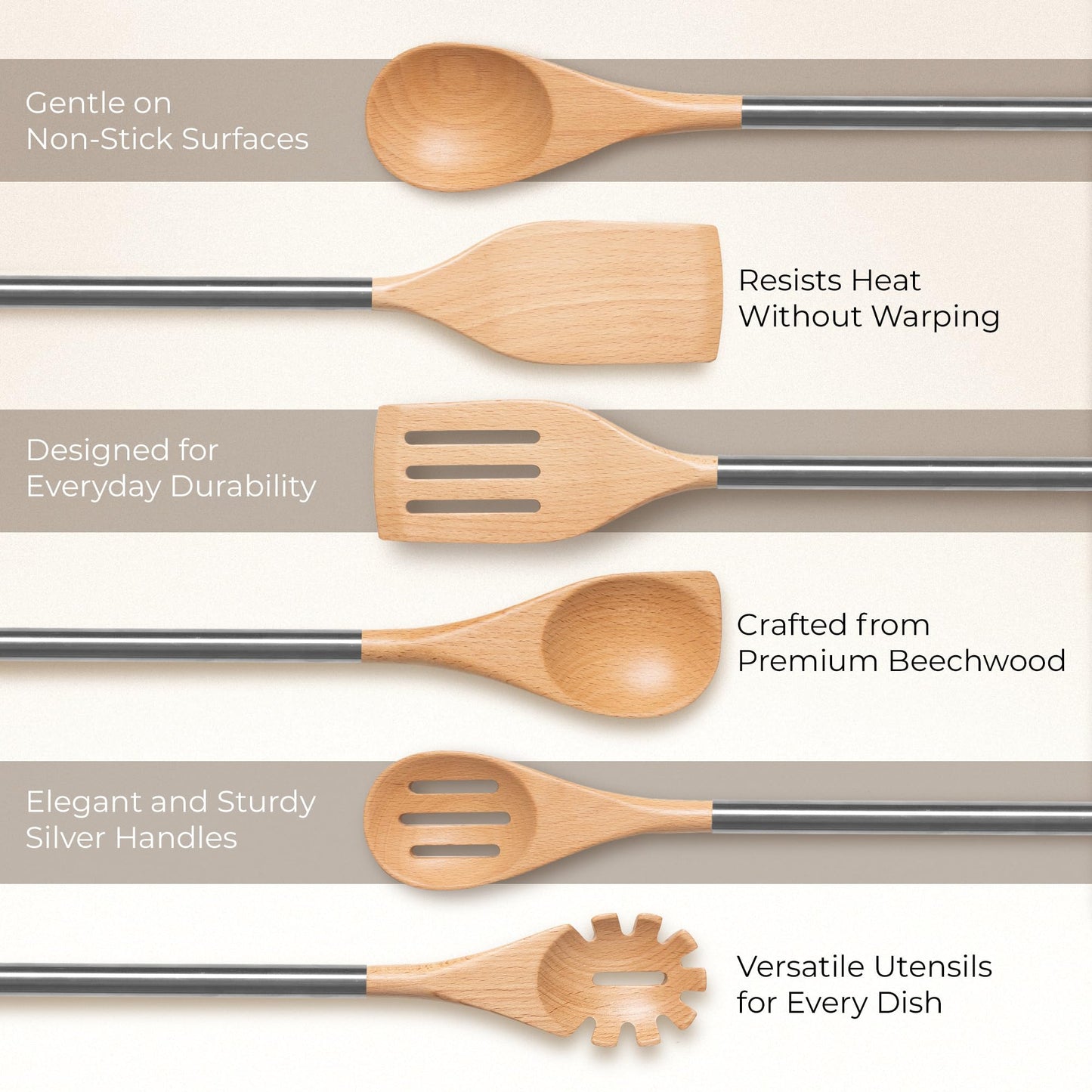 Kochutensilien-Set aus Holz – 8-teiliges Set mit Küchenutensilien aus Holz und Gold, weißem Utensilienhalter und Löffelablage aus Holz – langlebige und stilvolle Küchenwerkzeuge zum Kochen und Servieren 