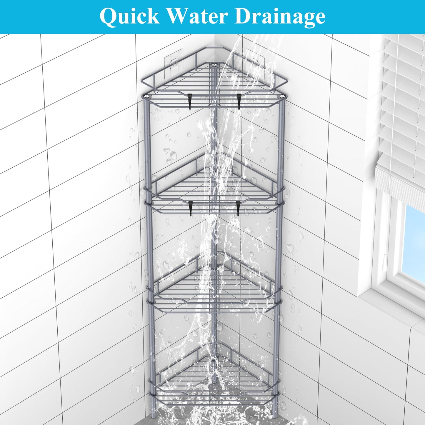 4 Tier Floor Standing Corner Shower Caddy Organizer Shelf with Hooks