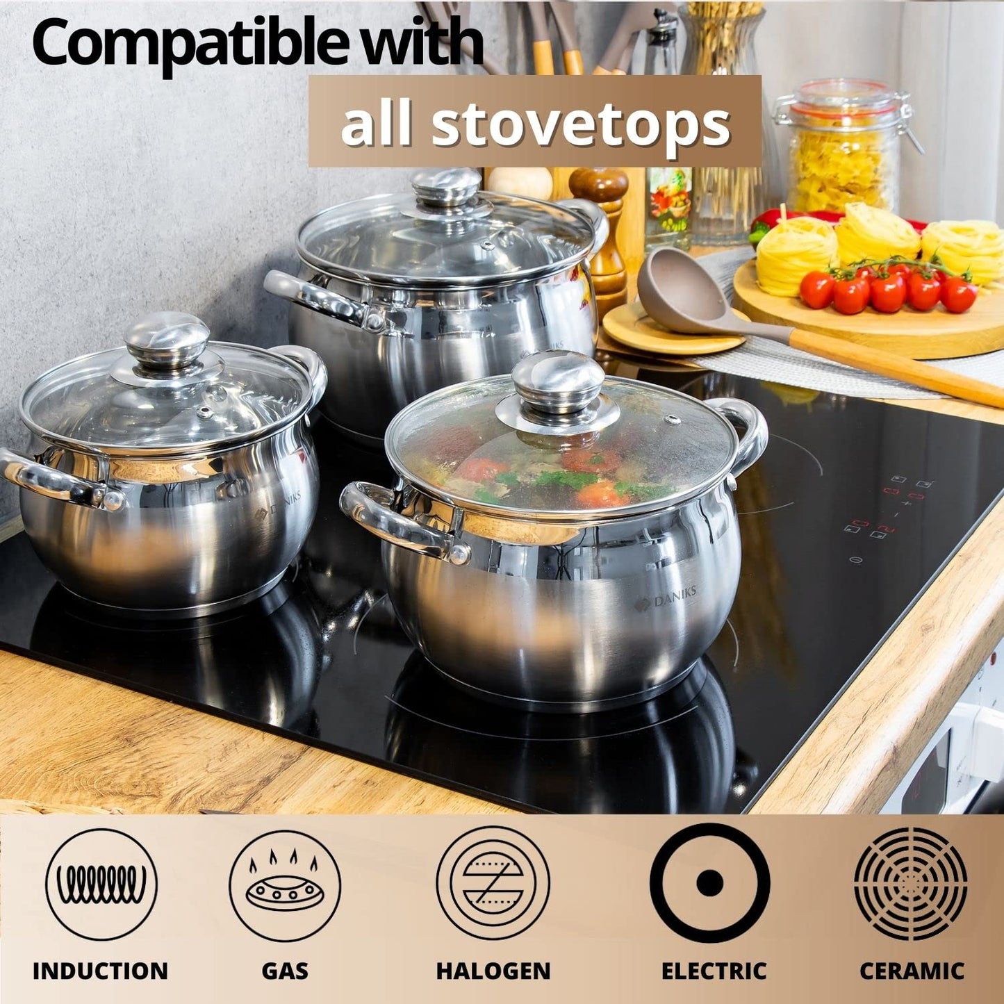 Daniks Classic Stainless Steel Kitchen Induction Pot Cookware Set | 12-Piece | Dishwasher Safe Pots with Lid | Saucepan + Frying Pan + Pots | Measuring Scale | Silver