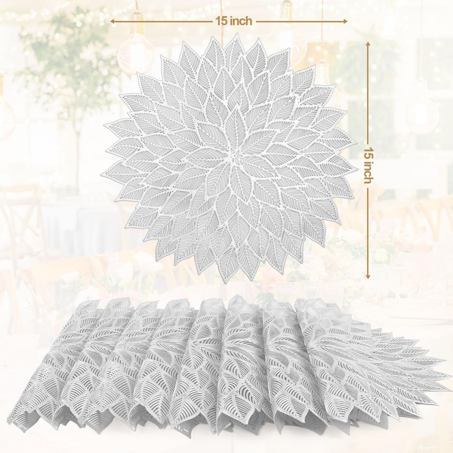 Placemats Set of 6, Round Hollow Out Flowers Place Mats for Dining Table Pressed Vinyl Blooming Leaf Table Mats for Holiday Party Wedding Accent Centerpiece Dinner Table Decoration (Gold)