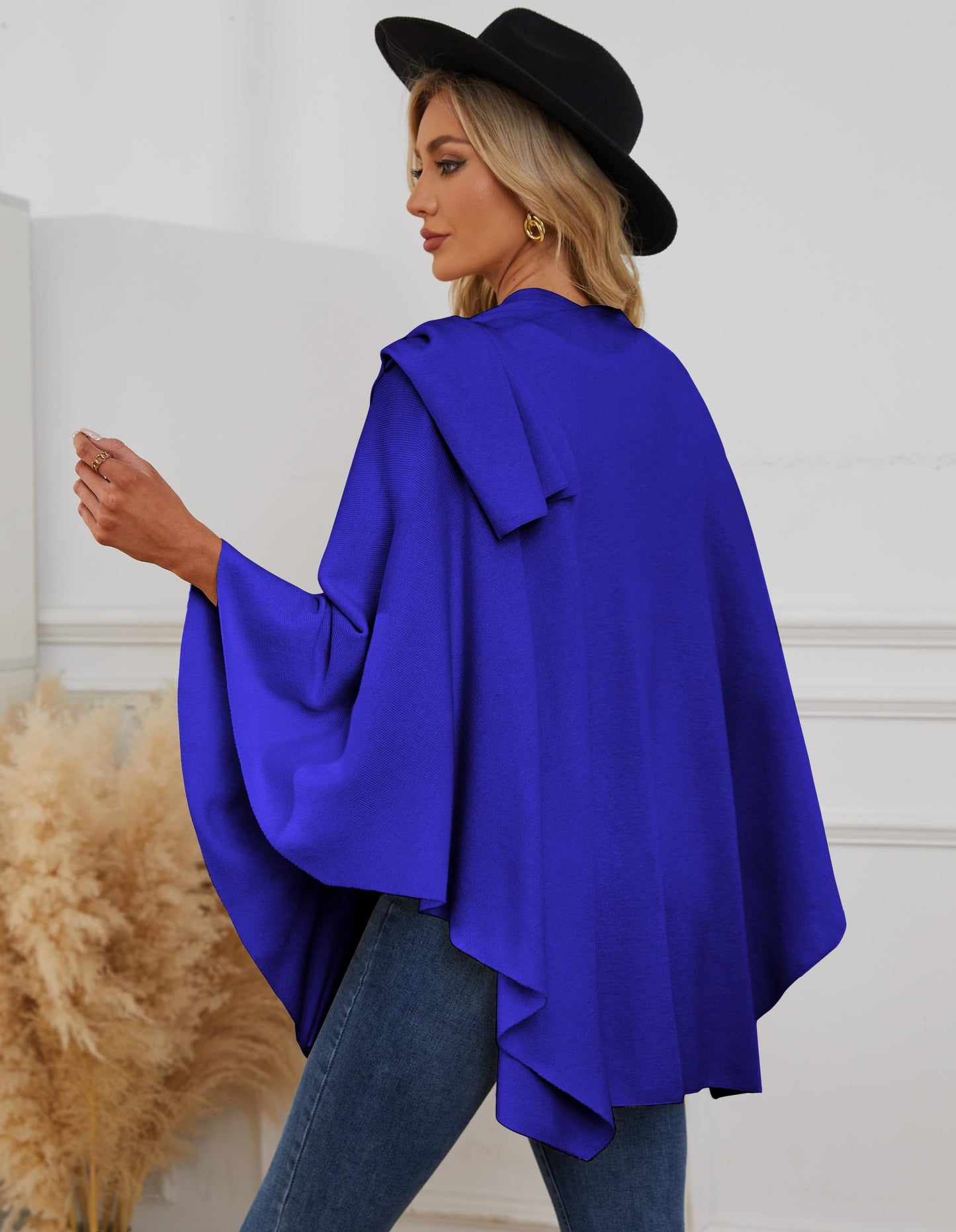 PULI Femmes Grand Poncho Croisé Sur Le Devant Pull Enveloppant Topper Tricoté Élégant Châles Cape pour l'Automne Hiver