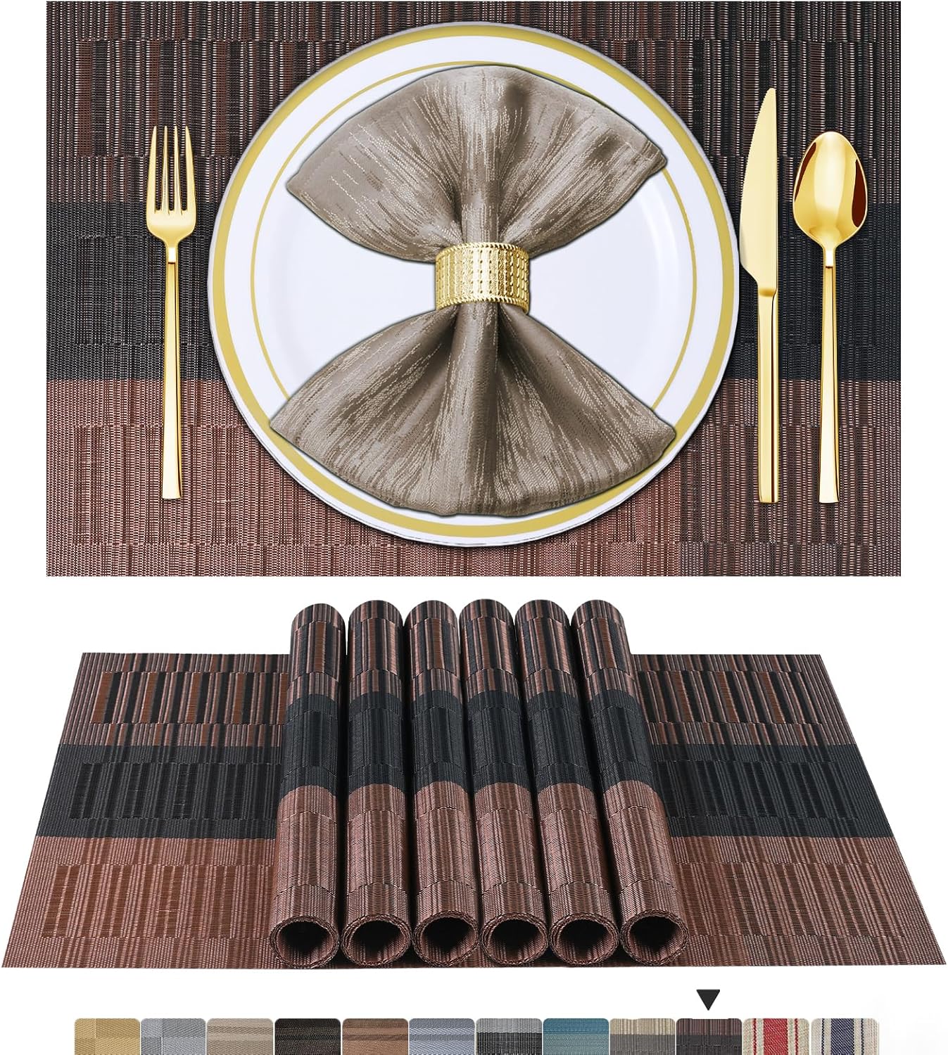 Lot de 6 sets de table en vinyle tissé pour table à manger, lavables et lavables, sets de table de cuisine durables pour intérieur et extérieur, 01 beige, 6 pièces 