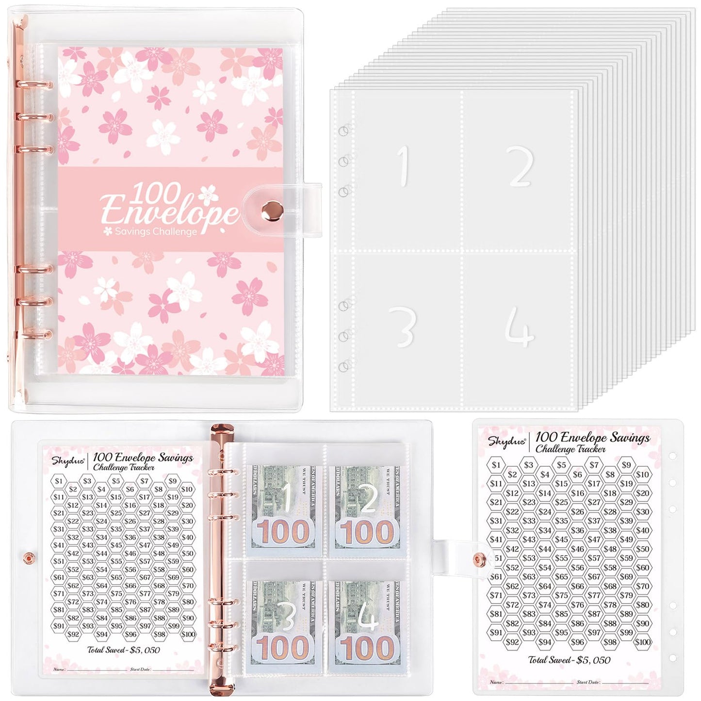 SKYDUE 100 Envelopes Challenge Binder with Laminated $5050 Tracker Sheet & Pre-numbered Pockets (Pink)