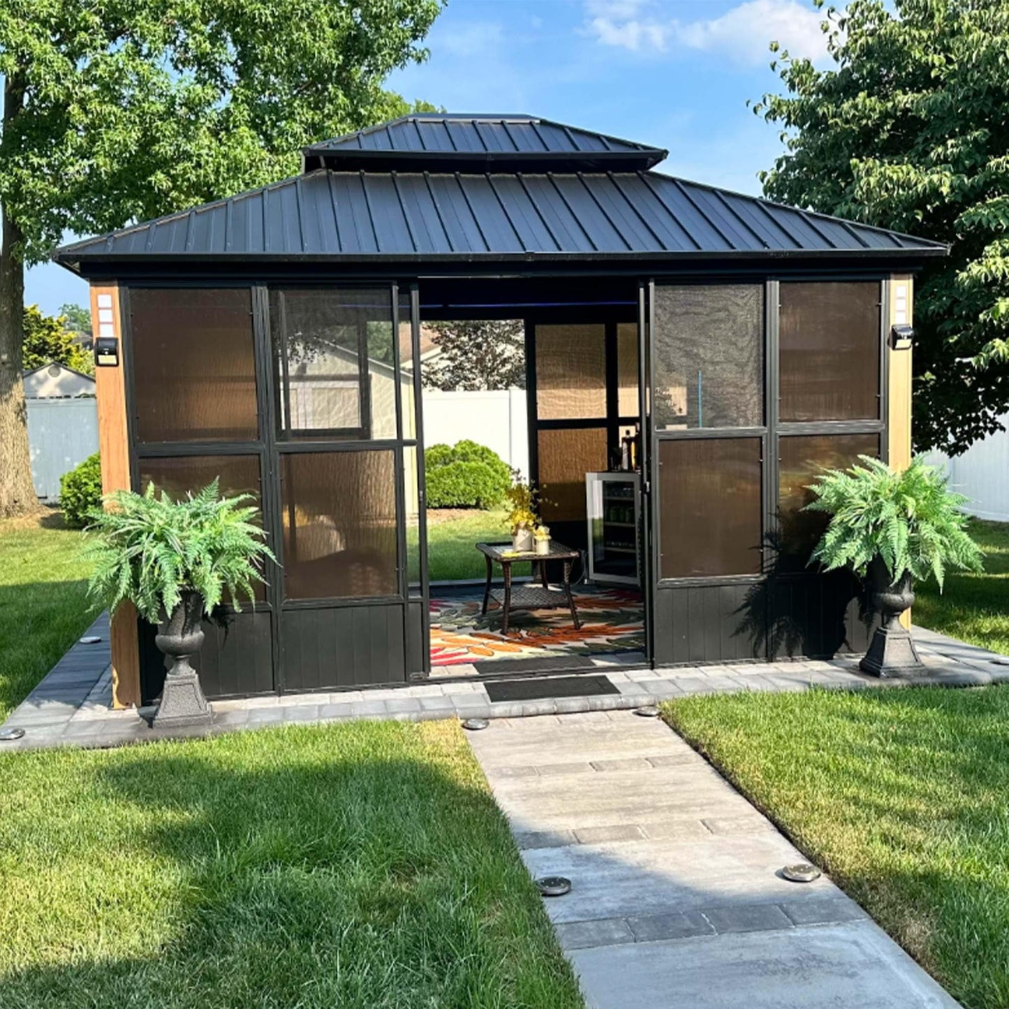 PURPLE LEAF 12' X 14' Patio Hardtop Gazebo Double Top Outdoor Screen House Aluminum Solarium Backyard Sun Room with Detachable Windows