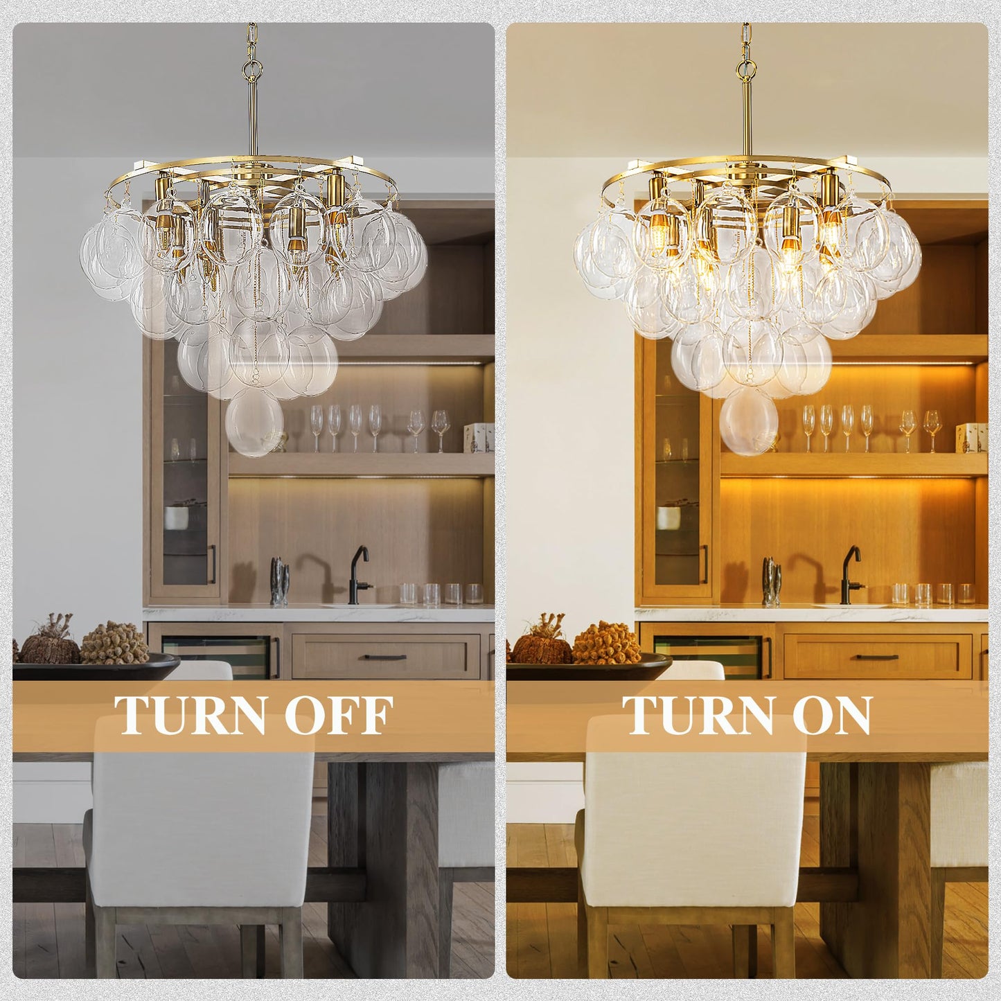 Gold Tiered Glass Globe Bubble Chandelier Round Swirled Glass Chandeliers Clear Blown Glass 8-Light 24 Inch Dia Pendant Light Fixture for Bedroom Restaurant