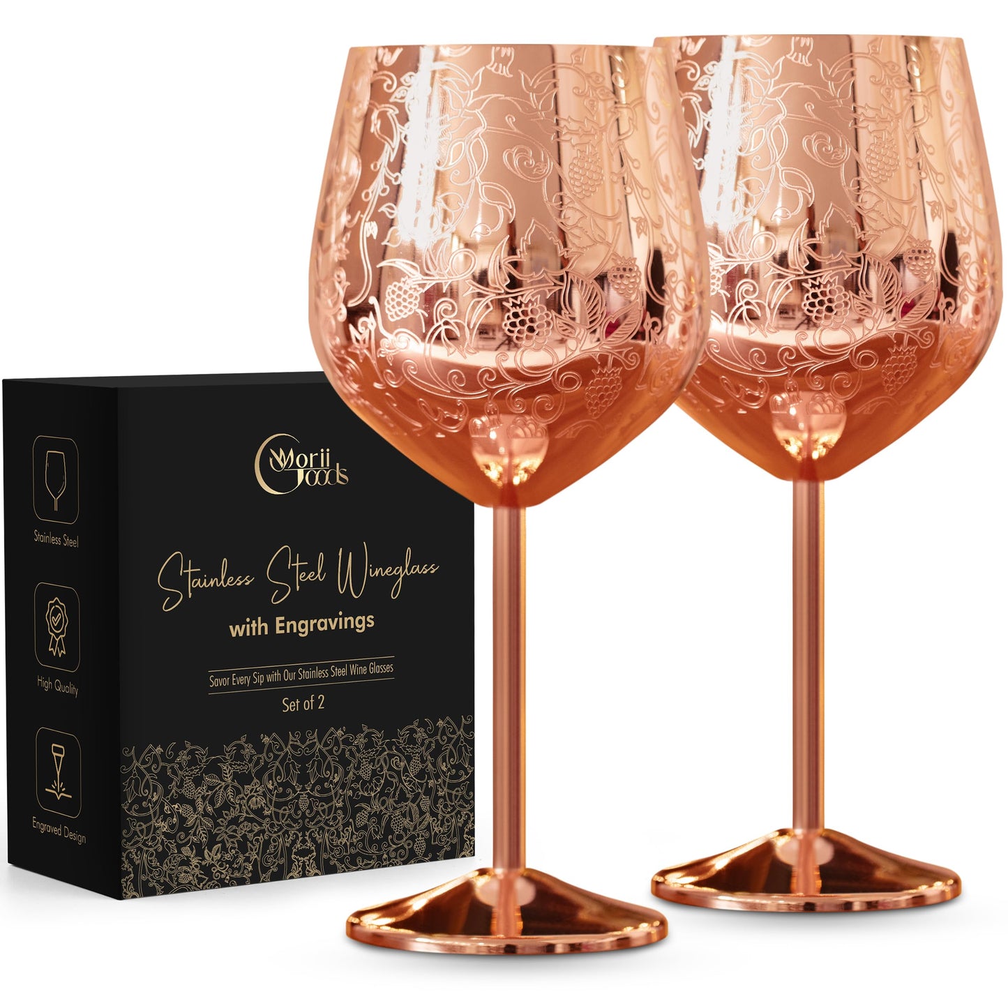 Stainless Steel Wine Glasses - Set of 2 Etched Wine Glasses, Unbreakable Rose Gold Wine Glasses for Travel, Camping and Pool, Fancy Wine Glasses for Women and Men