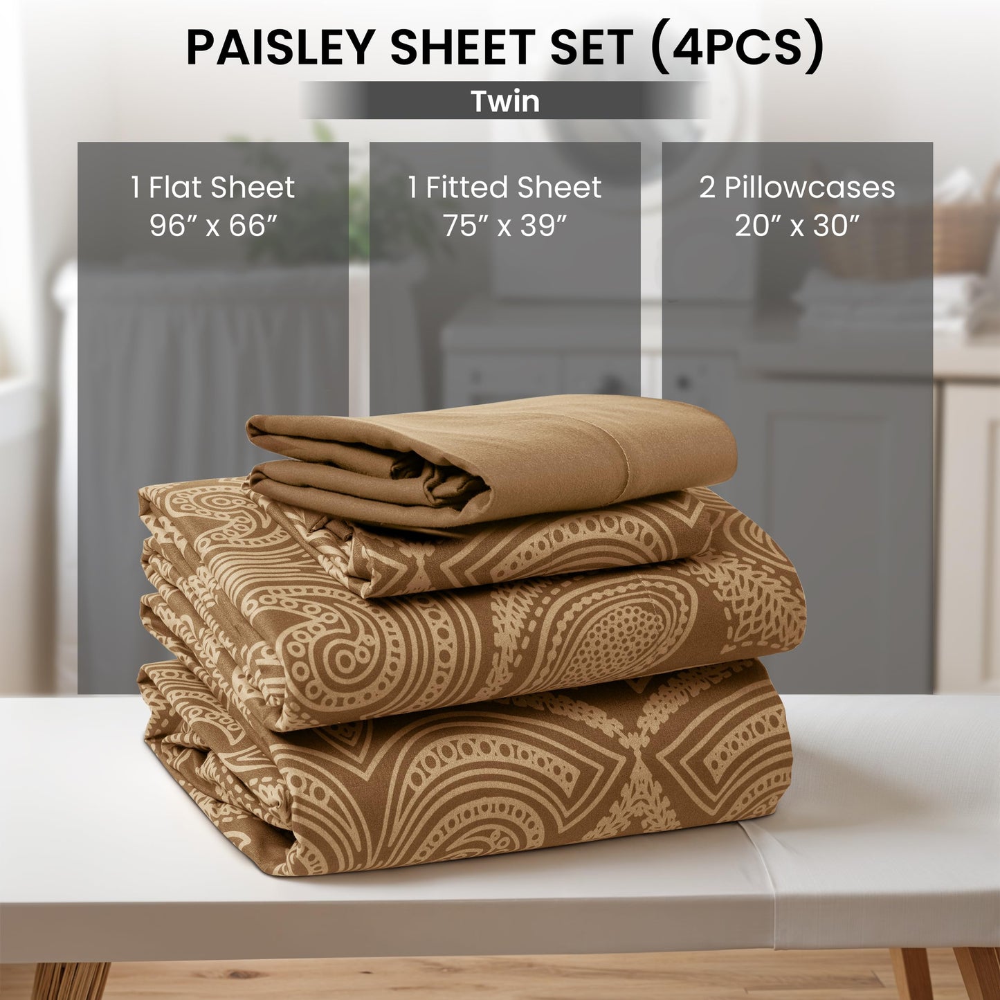 Parure de lit LUX Decor Paisley King, 6 pièces, draps doux en microfibre infroissables – Draps de lit imprimés luxueux comprenant un drap plat, un drap-housse avec poches profondes et 4 taies d'oreiller – Taupe 