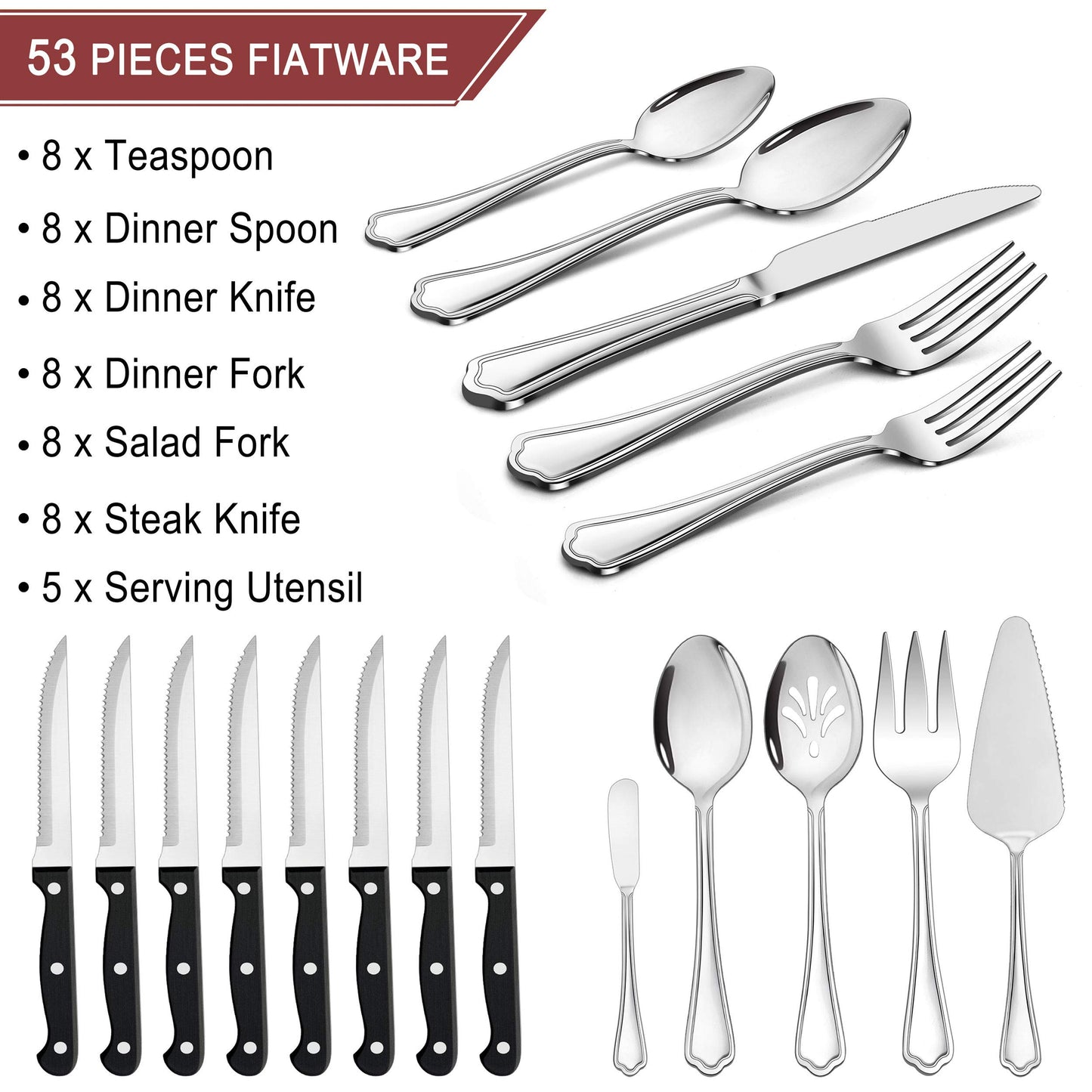 LIANYU 41-Piece Silverware Flatware Set for 6, Plus Steak Knives and Serving Utensils, Stainless Steel Flatware Cutlery Set, Eating Utensils Tableware with Scalloped Edge, Dishwasher Safe