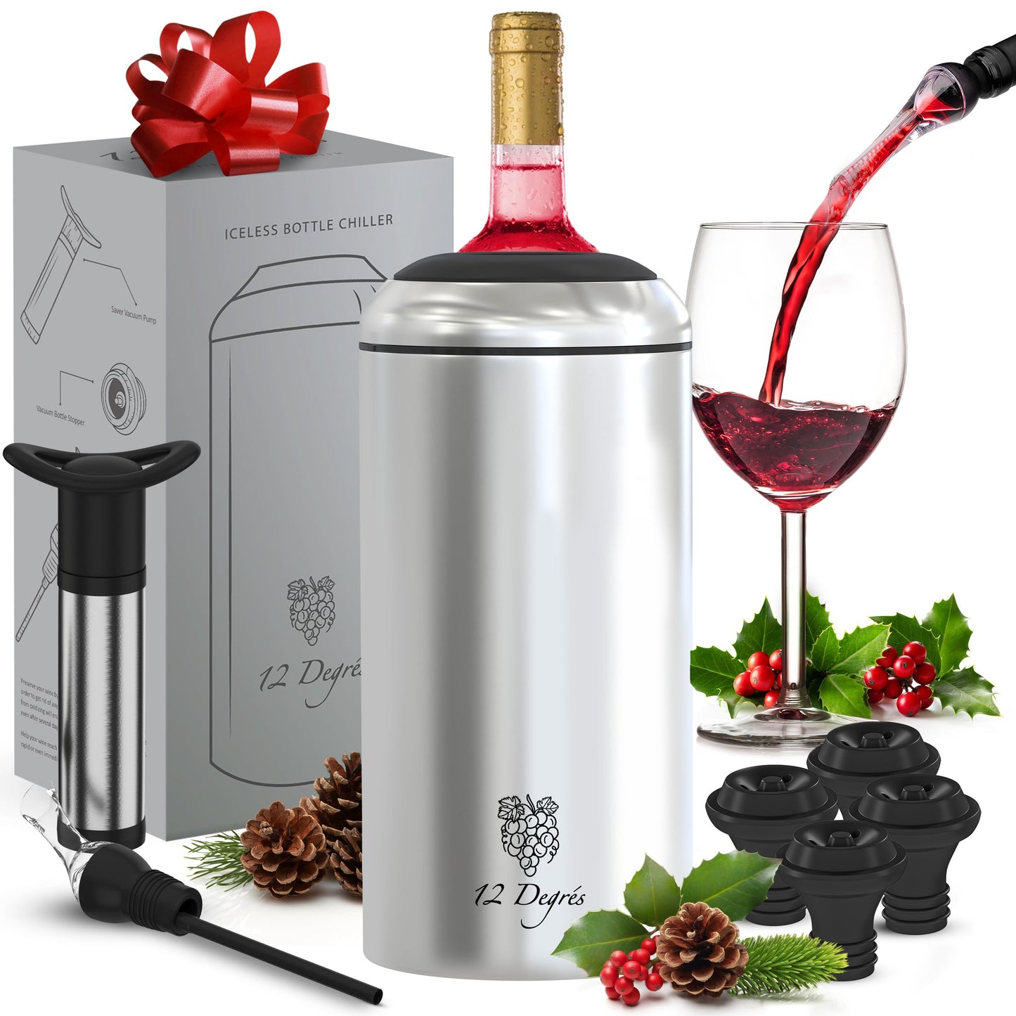 Wine Chiller Set - Perfect Wine Gifts for Women & Men - Stainless Steel Insulated Wine Cooler with Wine Pump, Aerator & 4 Stoppers (Black)