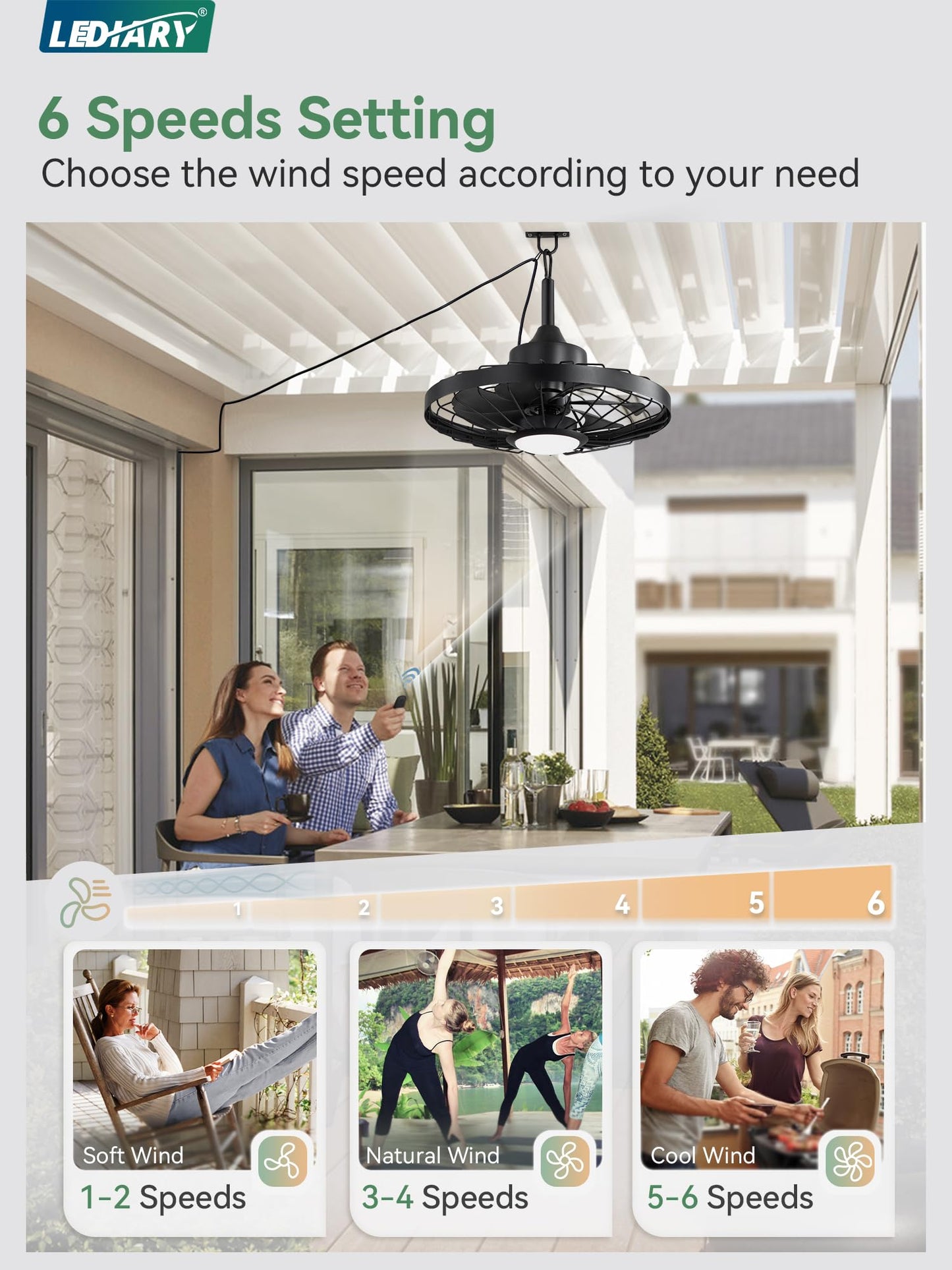 Outdoor Hanging Ceiling Fan with Light – 3CCT, 6-Speed, IP65