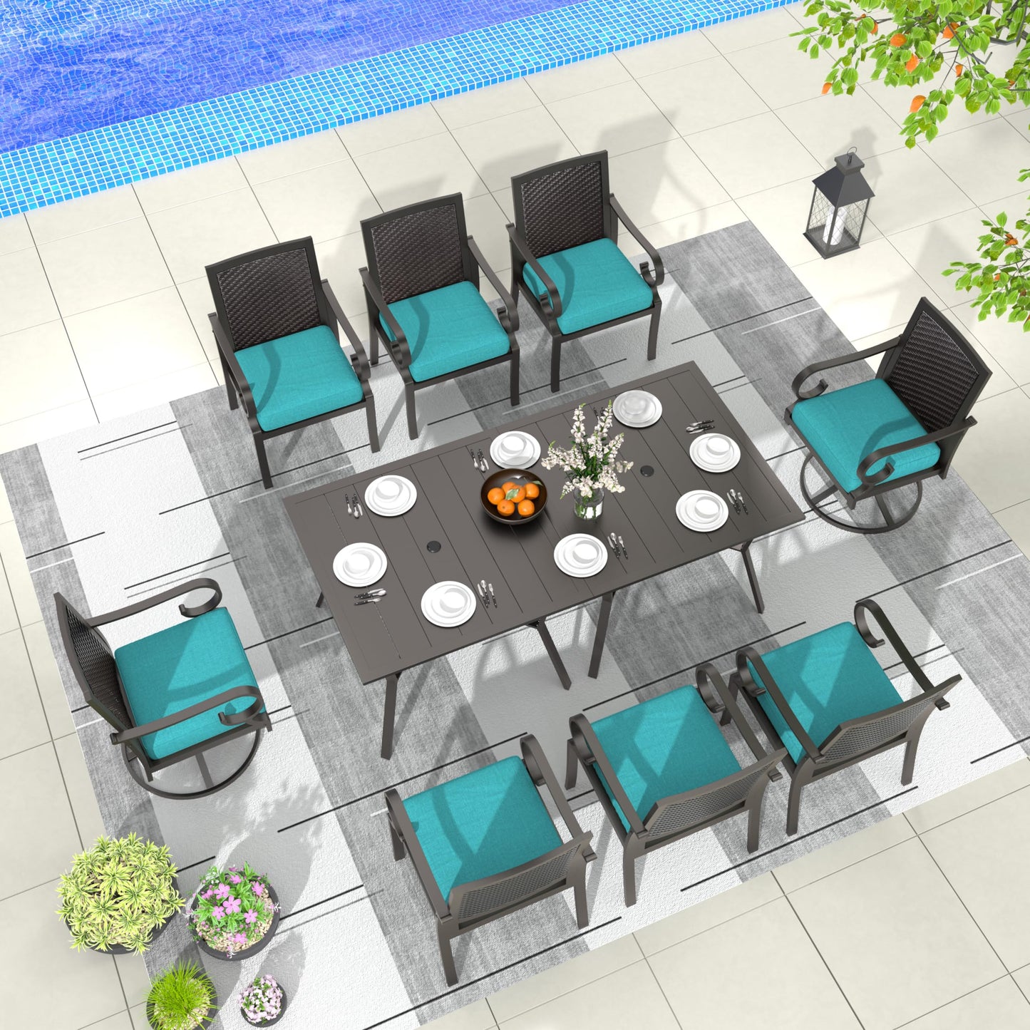 15 Pieces Patio Dining Set Outdoor Rattan Furniture Dinning Set with 3 Square Glass Tabletops 12 Chairs with Navy Blue Cushions for Patio, Backyard Outdoor Kitchen Lawn & Garden