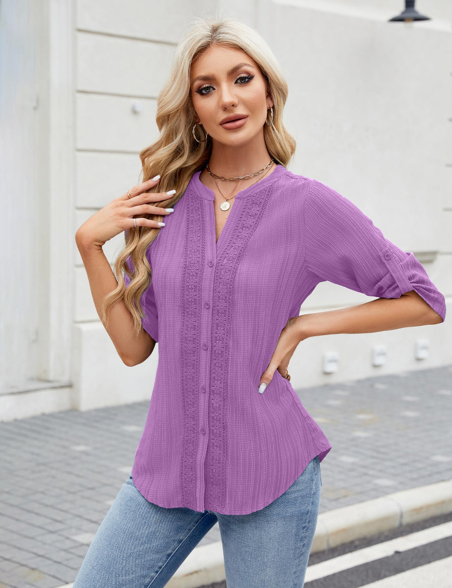 Blooming Jelly Damen Button-Down-Hemden mit Spitze, Häkelarbeit, elegante, lässige Oberteile, 3/4-Ärmel, Arbeits-/Sommer-Outfits 2024