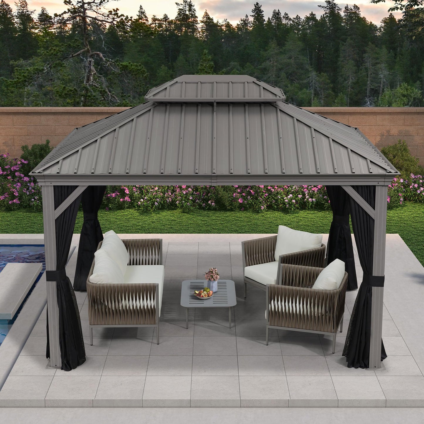 PURPLE LEAF 14' x 20' Patio Hardtop Gazebo with Light Metal Roof Heavy Duty Wind Resistance Outdoor Permanent Large Pavilion Gazebo for Patio Deck and Garden, Netting and Curtains Included, Light Grey