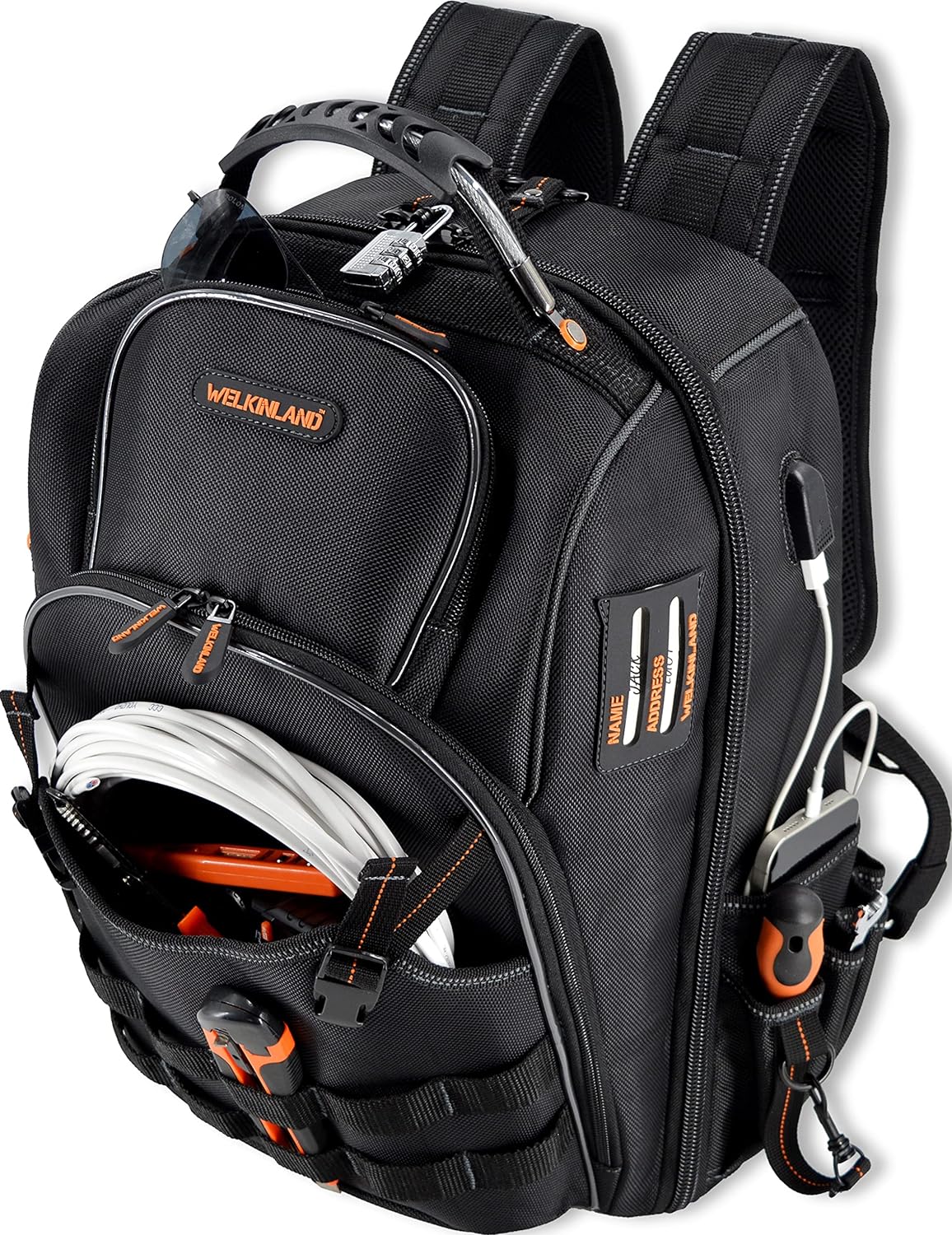 WELKINLAND 66-Taschen-Rucksack-Werkzeugtasche, robuster Werkzeugrucksack, Elektriker-Rucksack, Baustellen-Rucksack, Werkzeugrucksack für Männer, Werkzeugrucksack für Elektriker, Werkzeugrucksack für den Bau 