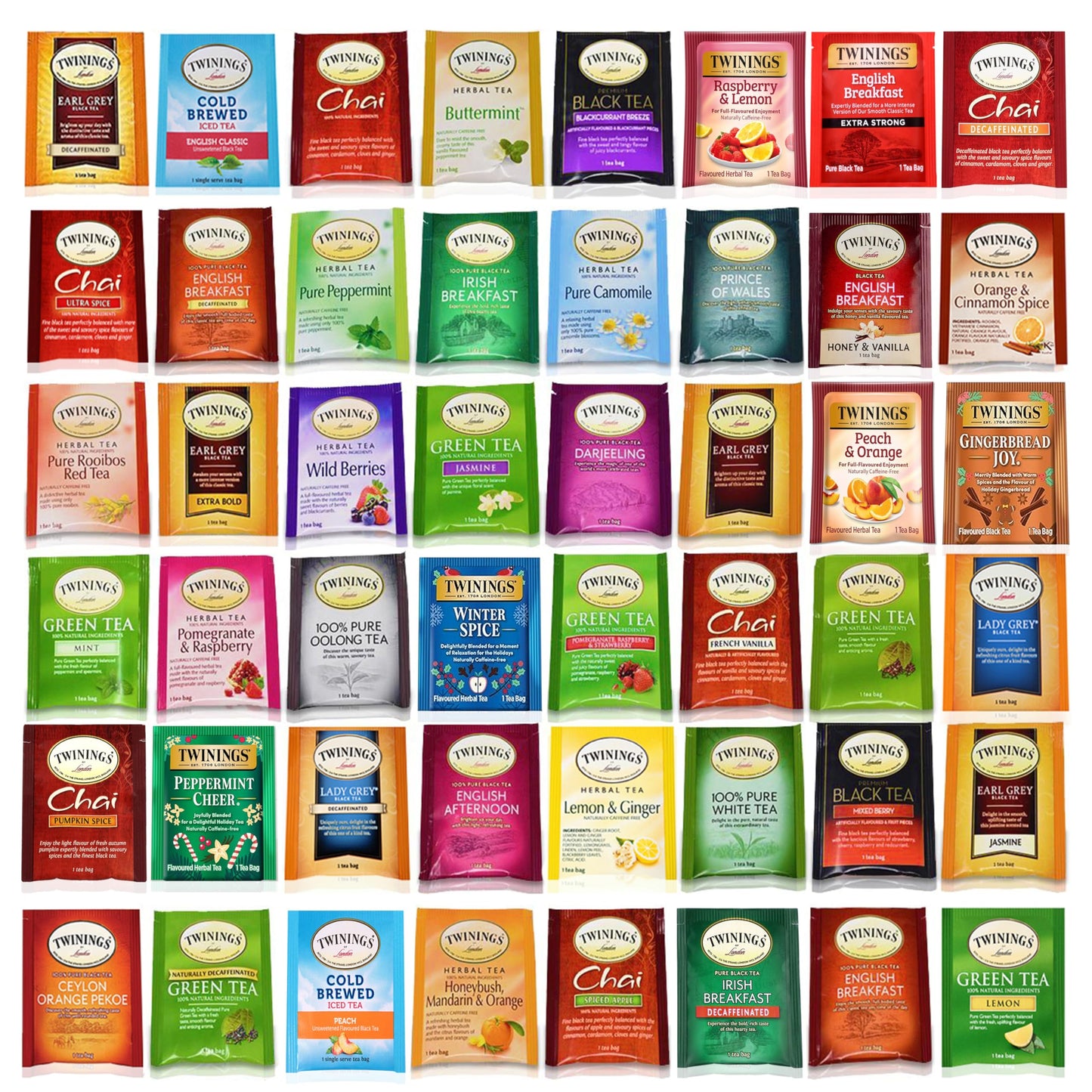 BLUE RIBBON Twinings Teebeutel-Probepackung, gemischte Packung, Geschenkbox – 48 Stück – perfekte Auswahl – English Breakfast, Grüner Tee, Schwarzer Tee, Kräutertee, Chai-Tee und mehr 