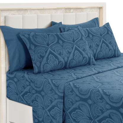 LUX Décor 6-Piece Sheet Set – Soft Microfiber Bedding with Deep Pocket Fitted Sheet & 4 Pillowcases (Paisley)