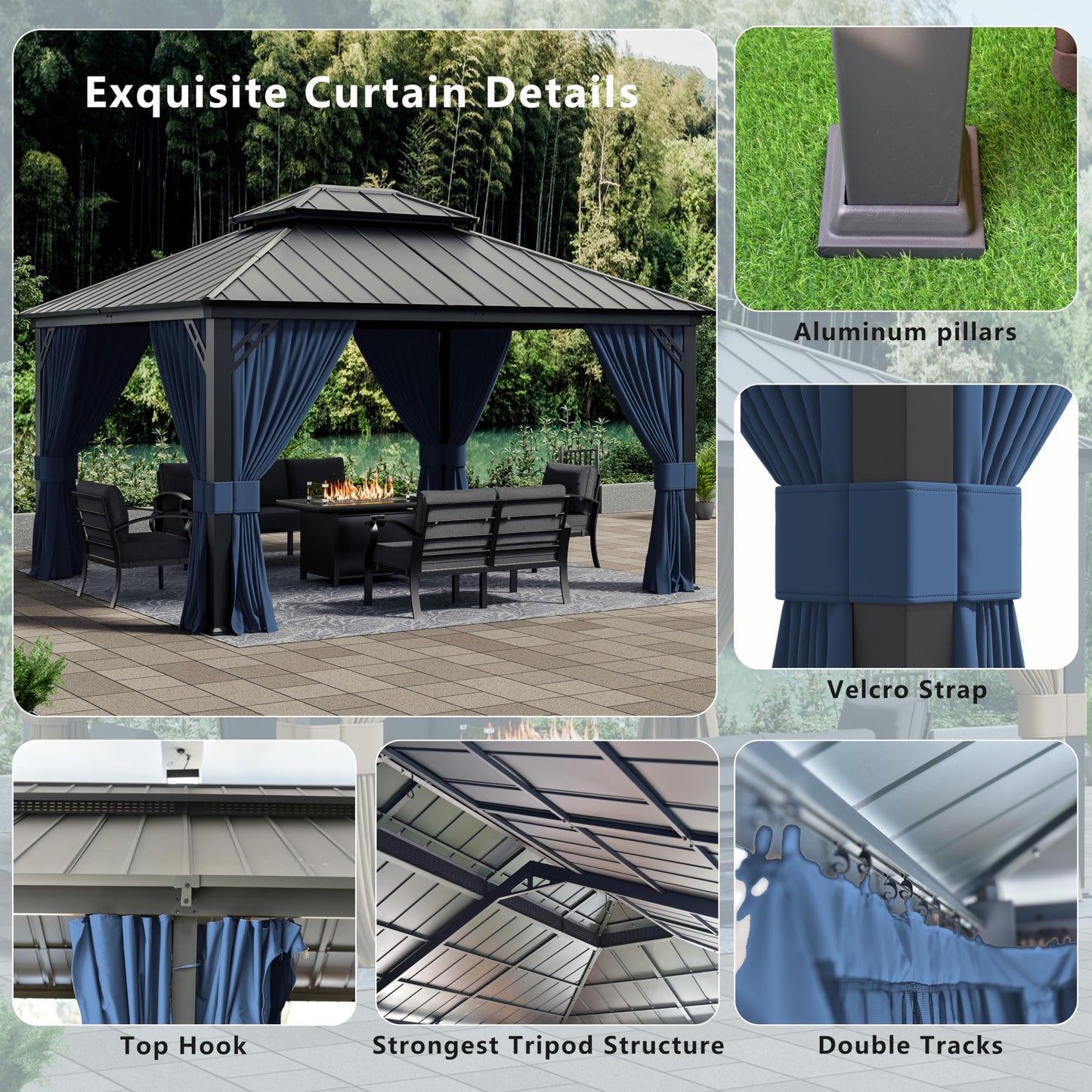 12x20ft Hardtop Gazebo Double Roof, Outdoor Pavilion with 2-Layer Hard top Galvanized Iron Frame Garden Tent, Suitable for courtyards, backyards, Decks, and Grass