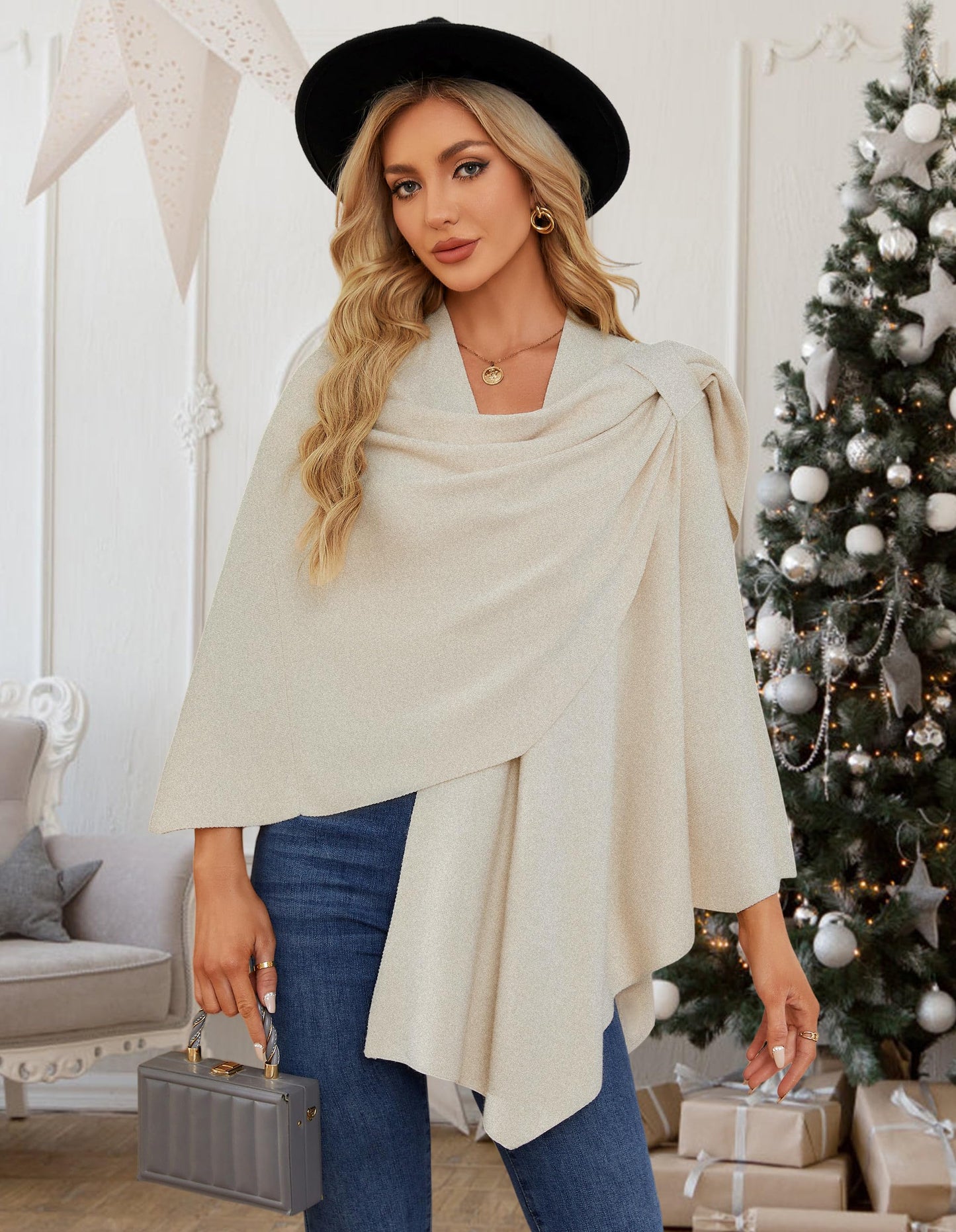 PULI Femmes Grand Poncho Croisé Sur Le Devant Pull Enveloppant Topper Tricoté Élégant Châles Cape pour l'Automne Hiver