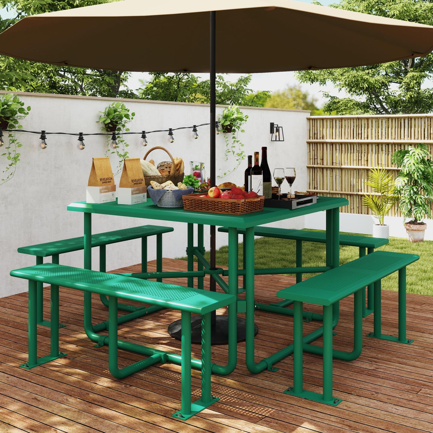 YITAHOME Table de pique-nique d'extérieur de 1,8 m avec plateau en bois, cadre en acier robuste et ouverture pour parapluie, table de pique-nique robuste idéale pour la cour, le patio, les rassemblements sur la pelouse, marron clair 