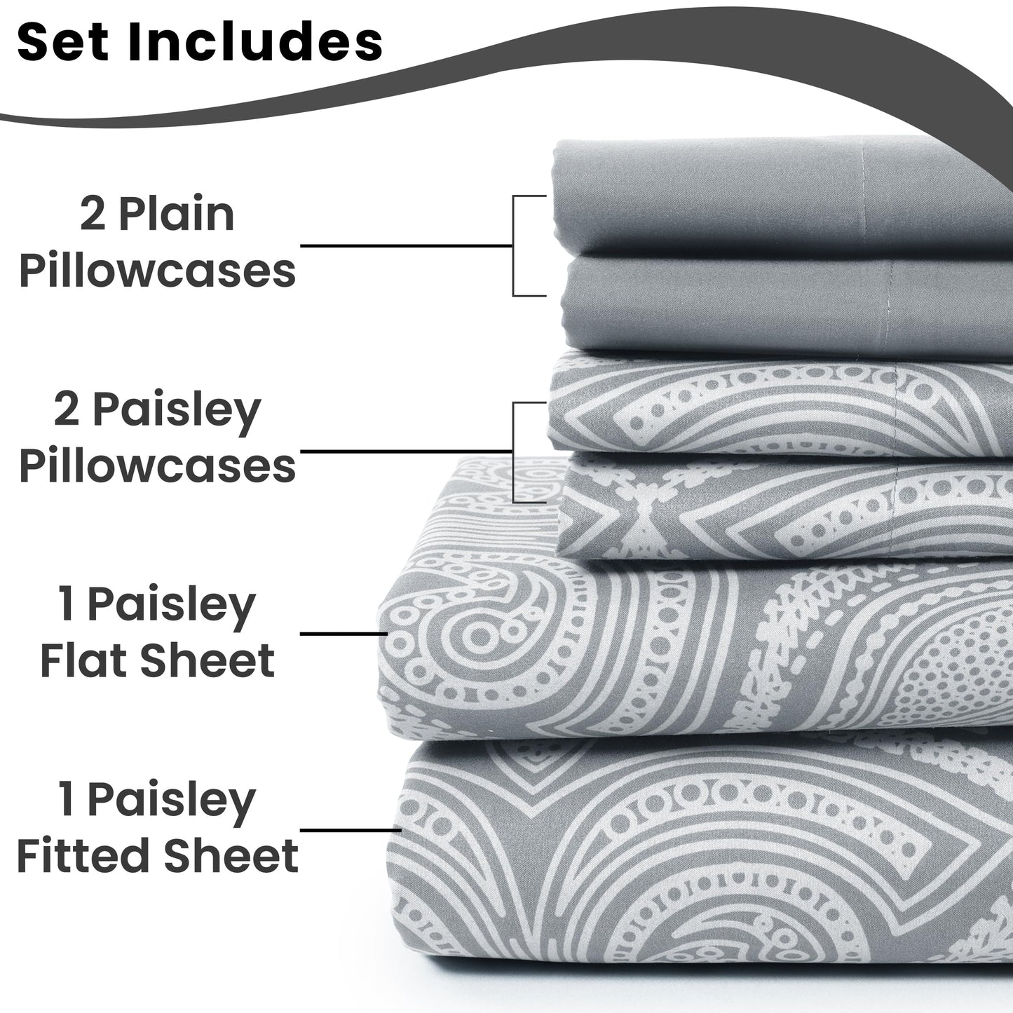 LUX Decor Paisley King Sheet Set, 6 PC Soft Microfiber Wrinkle Free Sheets - Luxurious Printed Bed Sheets Includes Flat Sheet, Fitted Sheet with Deep Pockets, & 4 Pillowcases - Taupe