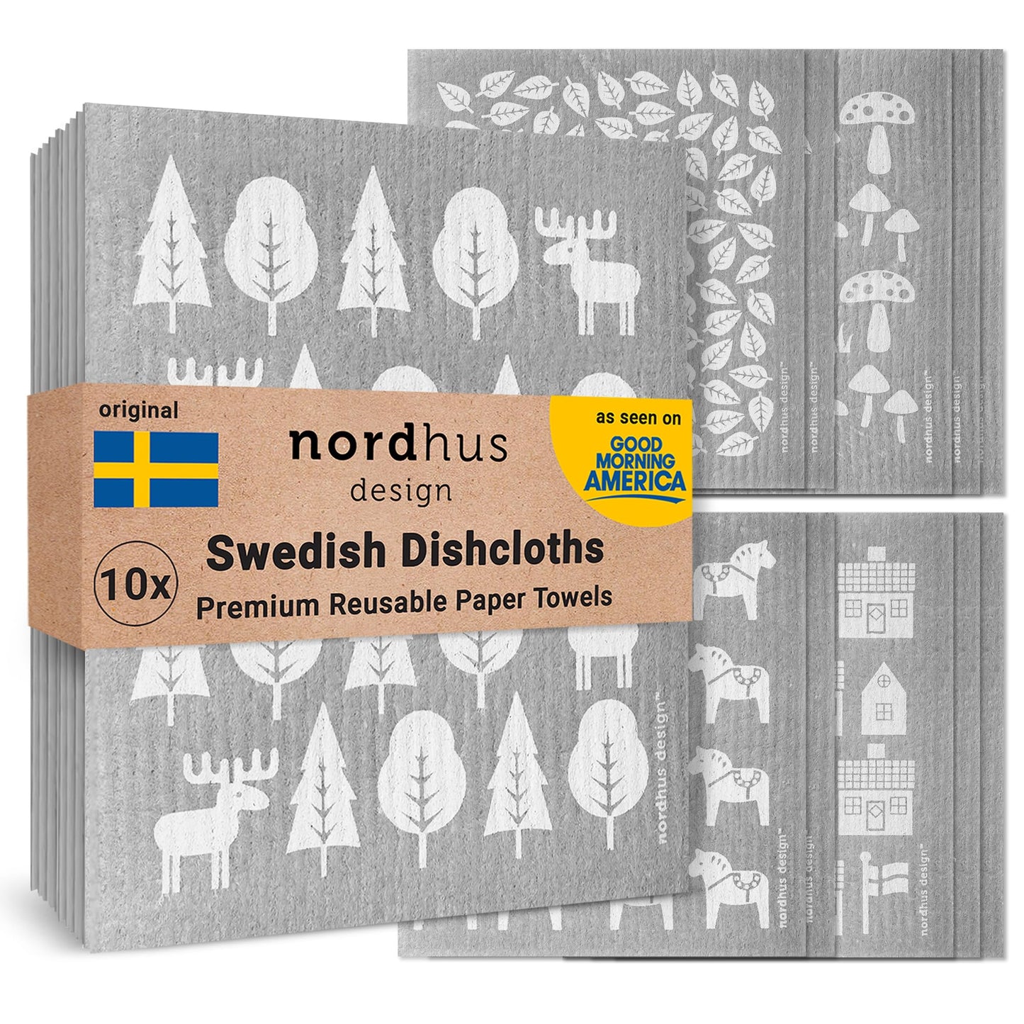 Nordhus Design Swedish Dishcloths for Kitchen, 10 Cloths, Made in Sweden - Reusable, Washable Cellulose Cotton Kitchen Cloths - Replace Paper Towels, Wipes, Sponges, Dish Rags