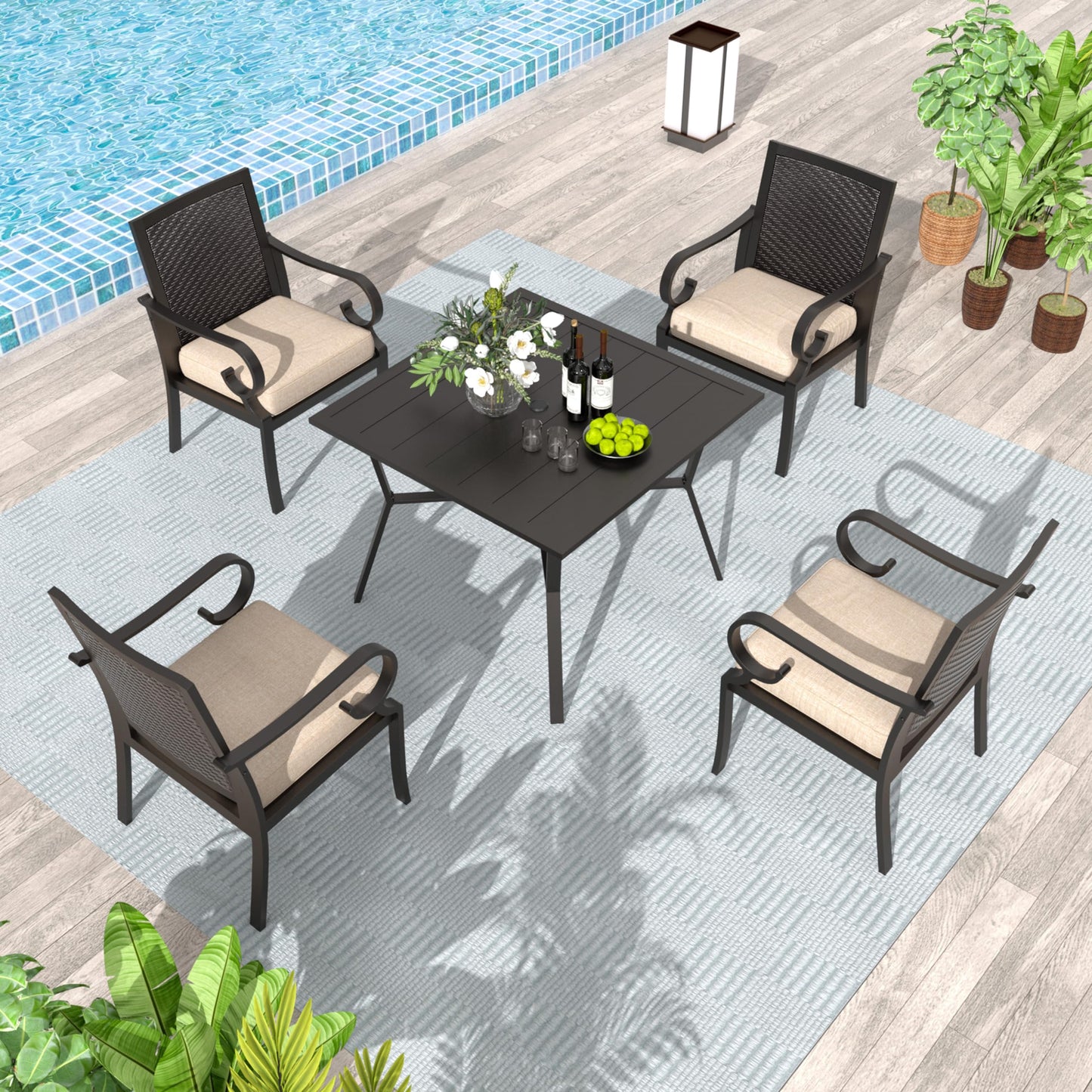 15 Pieces Patio Dining Set Outdoor Rattan Furniture Dinning Set with 3 Square Glass Tabletops 12 Chairs with Navy Blue Cushions for Patio, Backyard Outdoor Kitchen Lawn & Garden