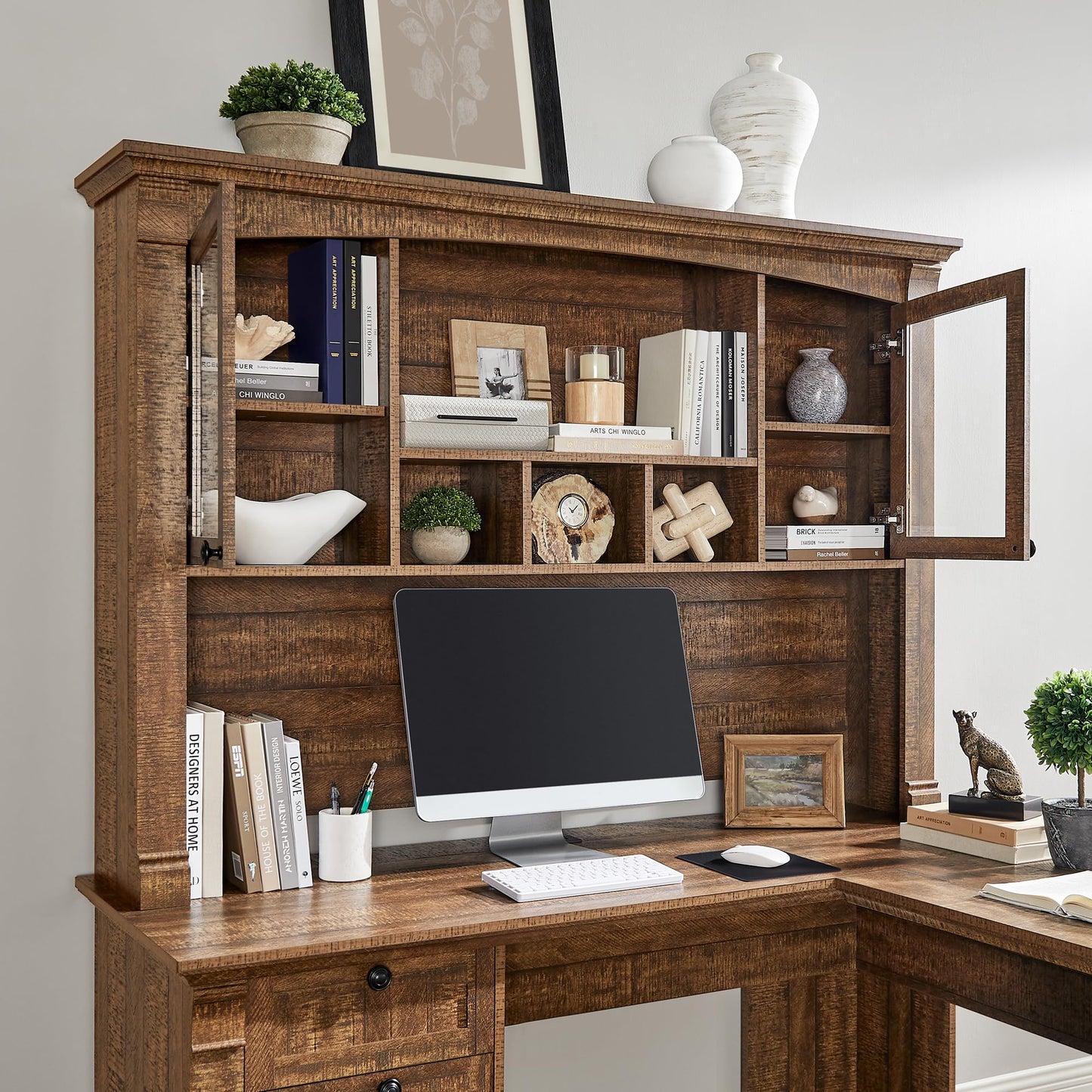 OKD 60" Executive Desk with Drawers, Farmhouse Home Office Desk with Charging Station, Keyboard Tray, File Cabinet Storage, Wood Computer Desk for Work and Study, Antique White