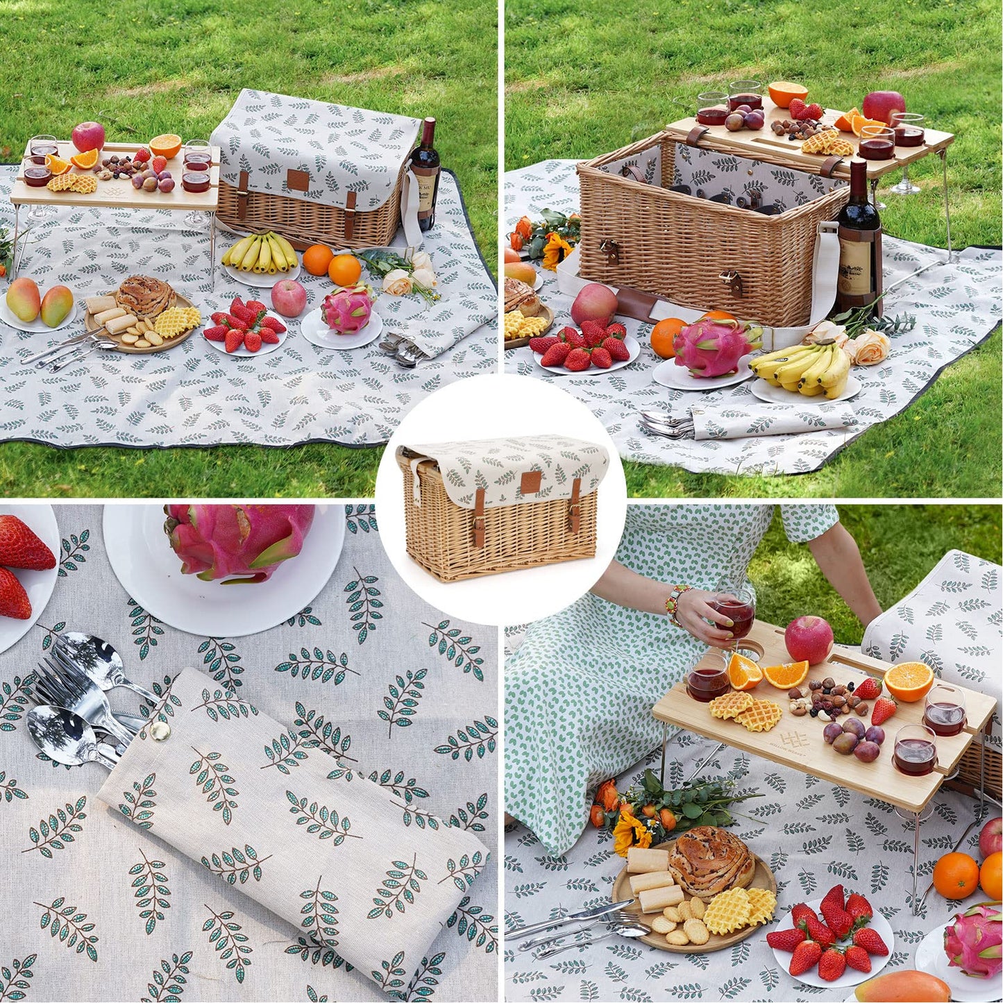 Wicker Picnic Basket for 4, 4 Person Picnic Kit, Willow Hamper Service Gift Set with Blanket Portable Bamboo Wine Snack Table for Camping and Outdoor Party