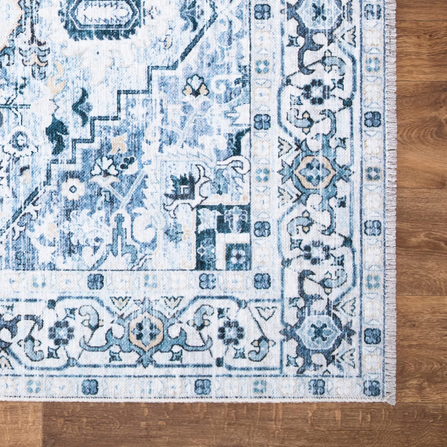 Tapis lavable antidérapant Bloom Rugs Caria 4x6 - Tapis traditionnel bleu pour salon, chambre, salle à manger et cuisine - Taille exacte : 4' x 6' 