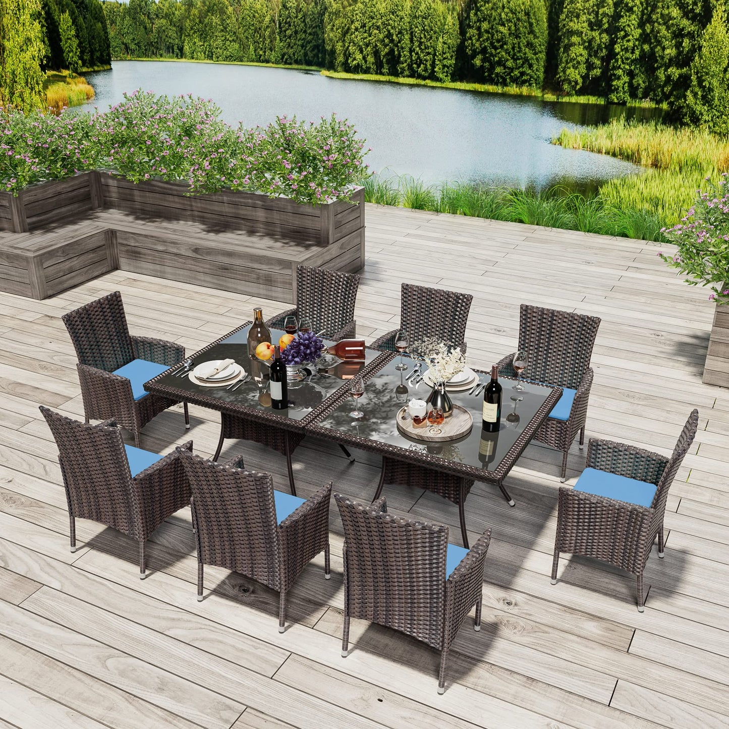 15 Pieces Patio Dining Set Outdoor Rattan Furniture Dinning Set with 3 Square Glass Tabletops 12 Chairs with Navy Blue Cushions for Patio, Backyard Outdoor Kitchen Lawn & Garden