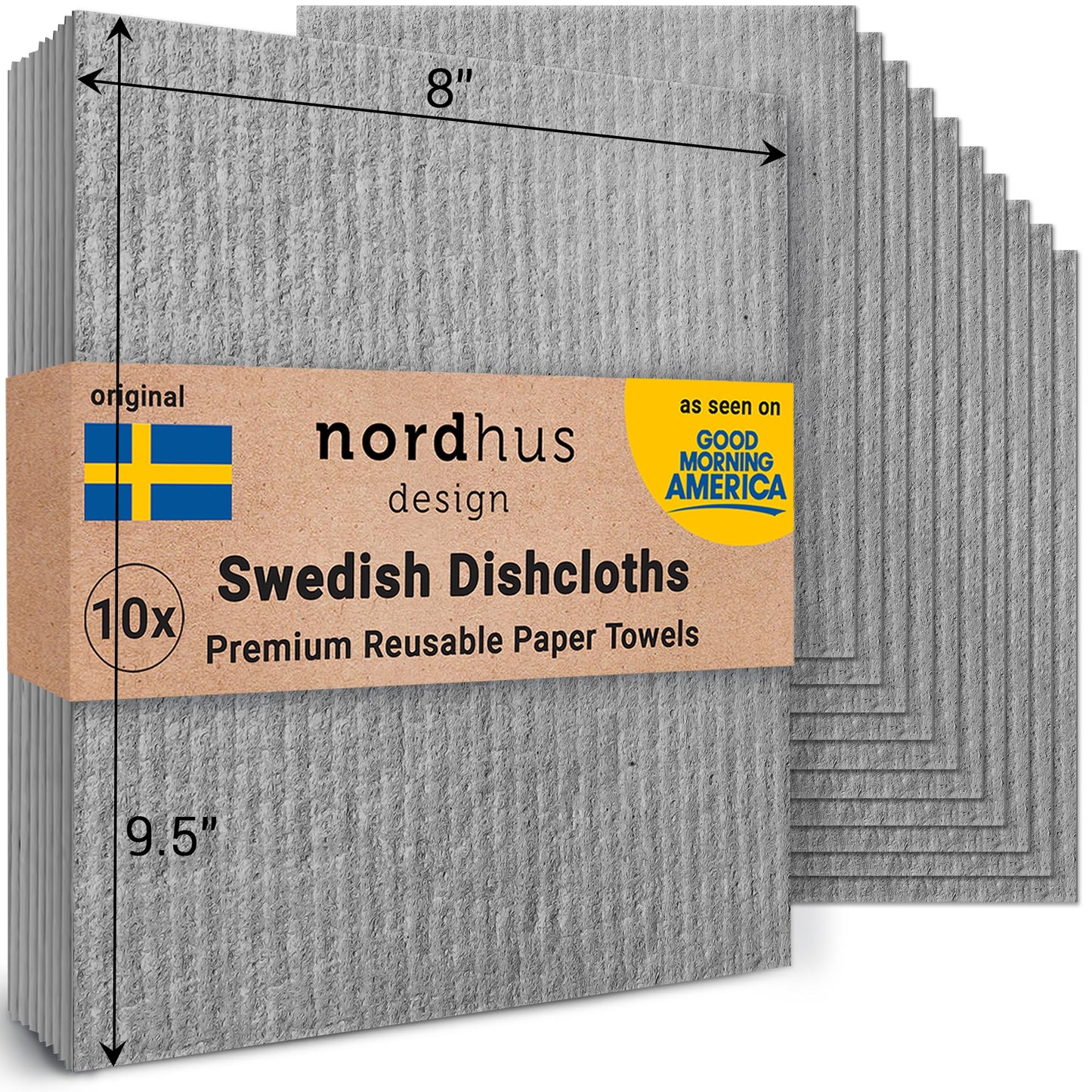 Nordhus Design Swedish Dishcloths for Kitchen, 10 Cloths, Made in Sweden - Reusable, Washable Cellulose Cotton Kitchen Cloths - Replace Paper Towels, Wipes, Sponges, Dish Rags