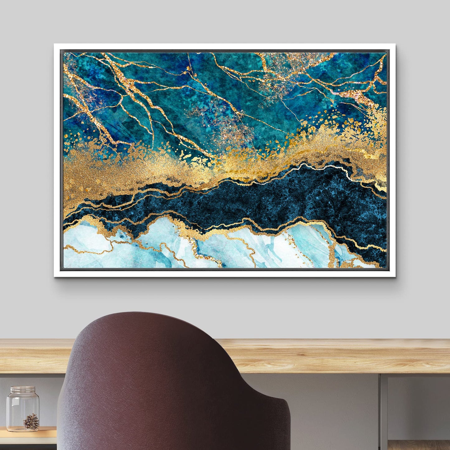 wall26 Framed Canvas Print Wall Art Purple, Gold and Teal Marble Landscape Abstract Shapes Illustrations Modern Chic Colorful Multicolor Ultra for Living Room, Bedroom, Office - 24x36 Natural