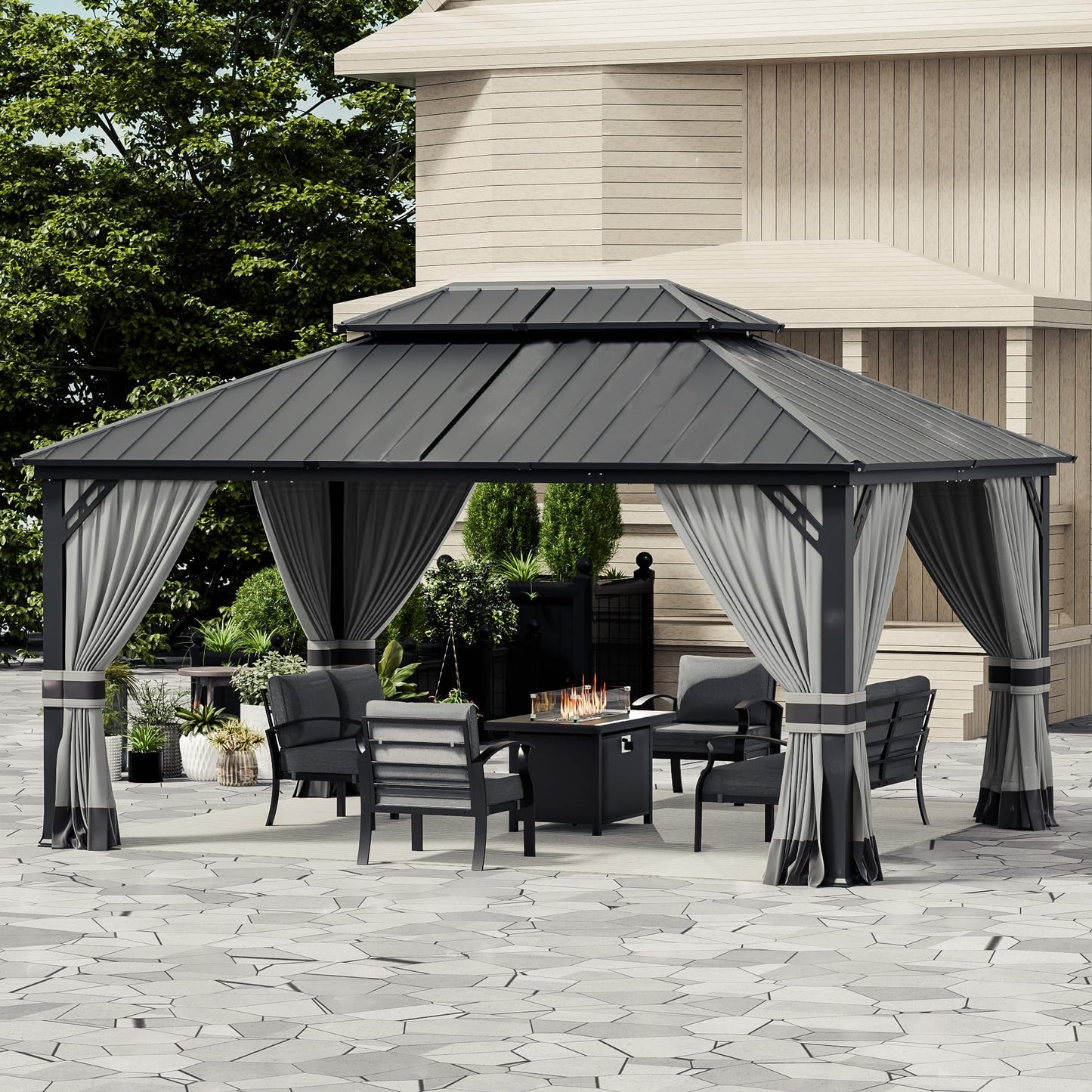 12x20ft Hardtop Gazebo Double Roof, Outdoor Pavilion with 2-Layer Hard top Galvanized Iron Frame Garden Tent, Suitable for courtyards, backyards, Decks, and Grass