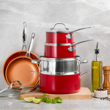 Gotham Steel 10-Piece Nonstick Cookware Set – Ti-Cerama Coating, Skillets, Pots & Steamer Insert – Red
