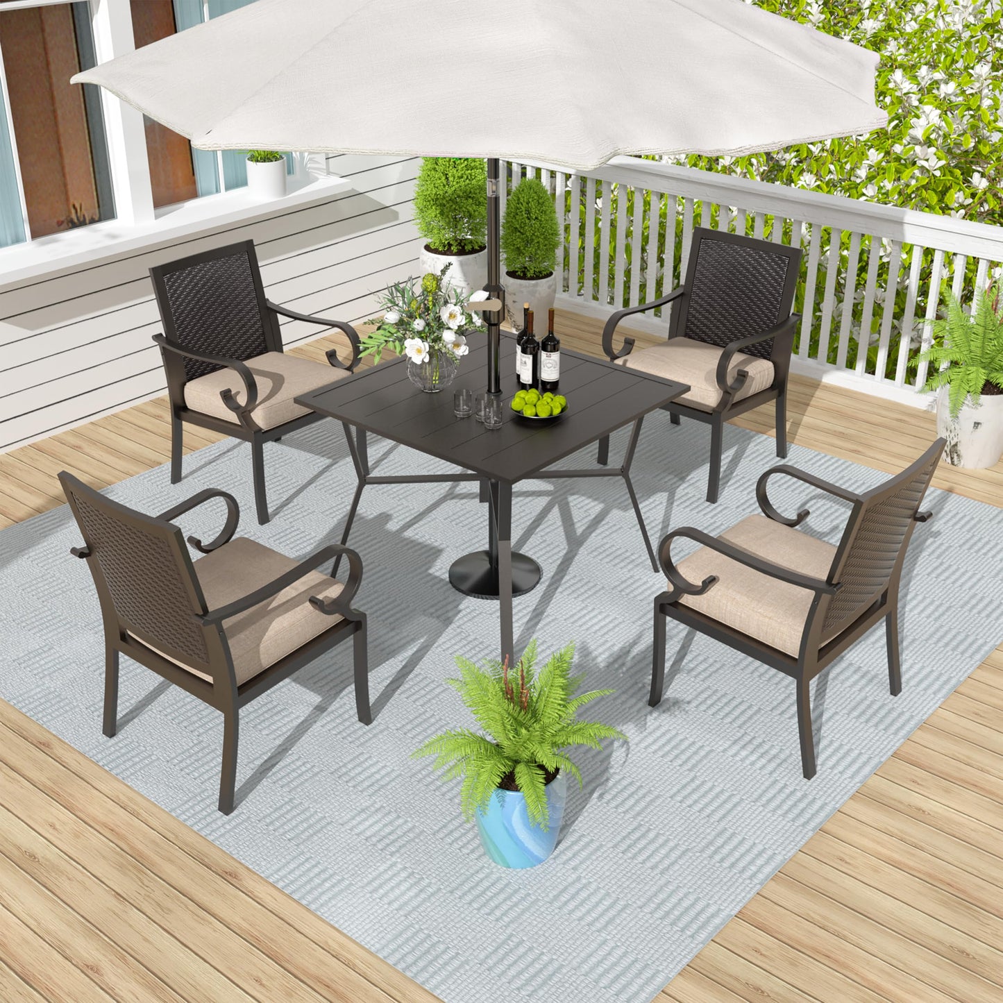 15 Pieces Patio Dining Set Outdoor Rattan Furniture Dinning Set with 3 Square Glass Tabletops 12 Chairs with Navy Blue Cushions for Patio, Backyard Outdoor Kitchen Lawn & Garden