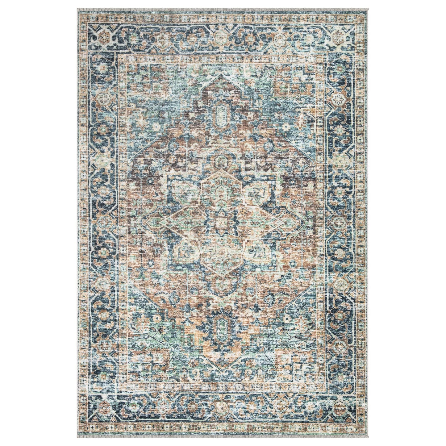 Tapis lavable antidérapant Bloom Rugs Caria 4x6 - Tapis traditionnel bleu pour salon, chambre, salle à manger et cuisine - Taille exacte : 4' x 6' 