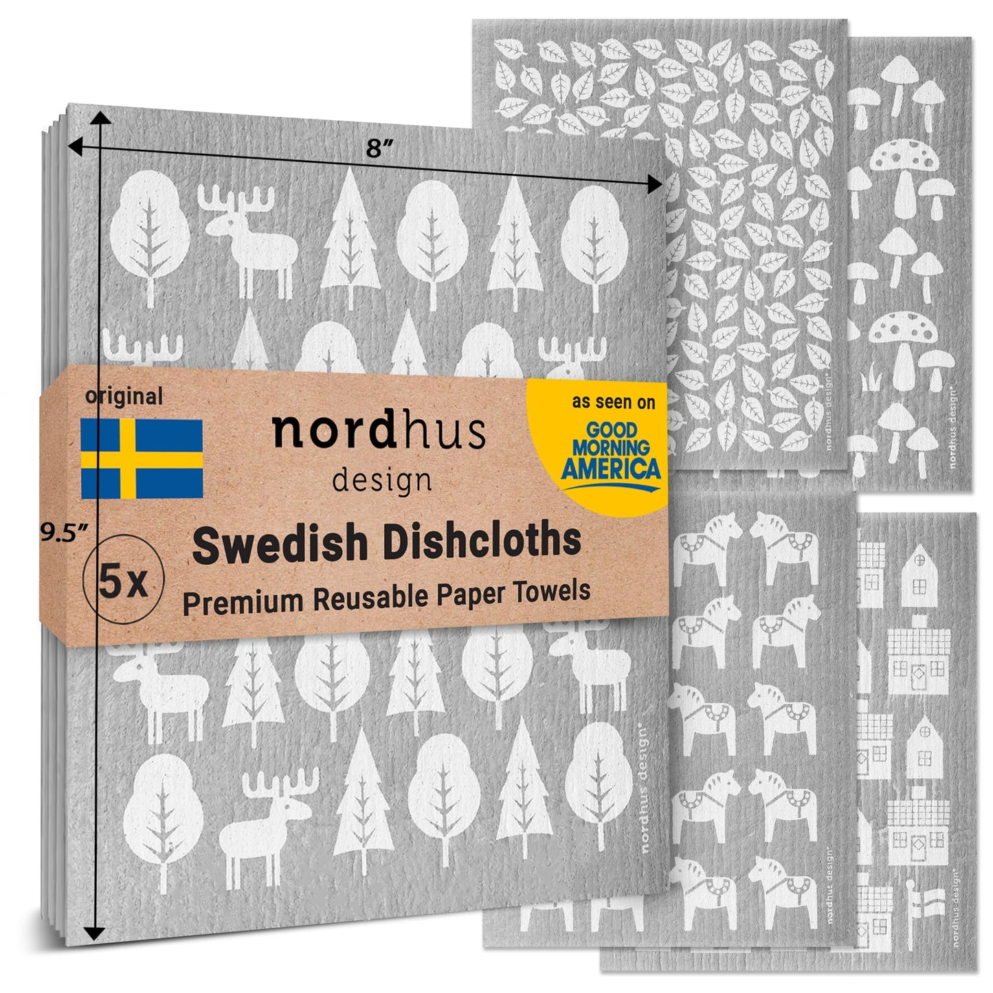 Nordhus Design Swedish Dishcloths for Kitchen, 10 Cloths, Made in Sweden - Reusable, Washable Cellulose Cotton Kitchen Cloths - Replace Paper Towels, Wipes, Sponges, Dish Rags