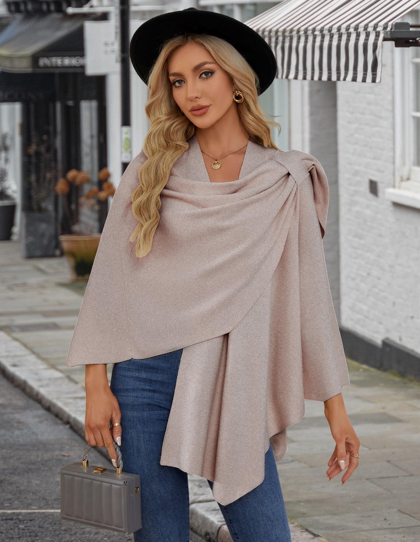 PULI Femmes Grand Poncho Croisé Sur Le Devant Pull Enveloppant Topper Tricoté Élégant Châles Cape pour l'Automne Hiver