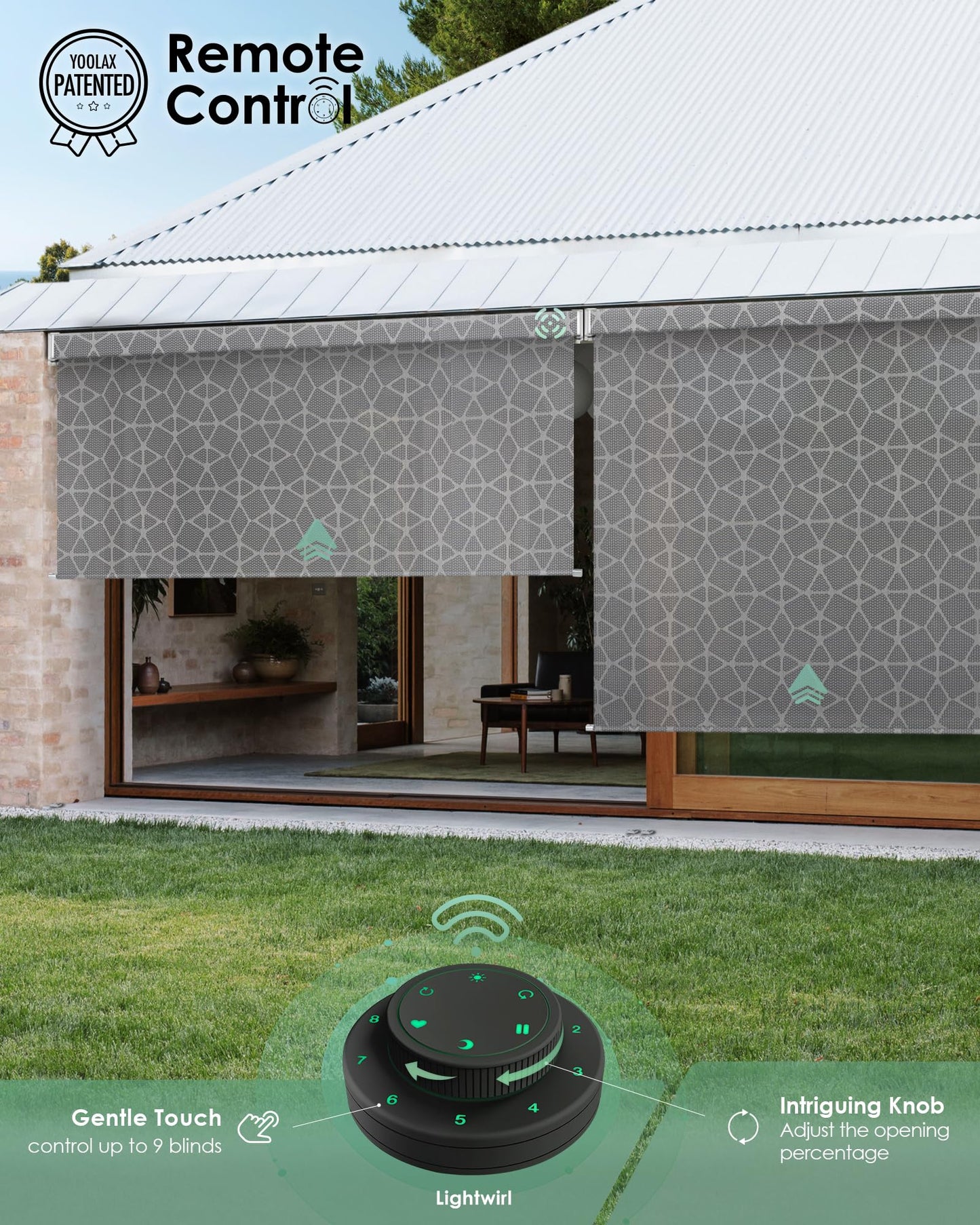 Yoolax Motorisierte Außenrollos, Smart-Jalousien, kompatibel mit Alexa Google, Sonnenschutz mit Fernbedienung, Smart-Jalousien für Veranda, Terrasse, wasserdichte Rollos, individuell anpassbar (3 % Offenheit, Alpine Rock) 