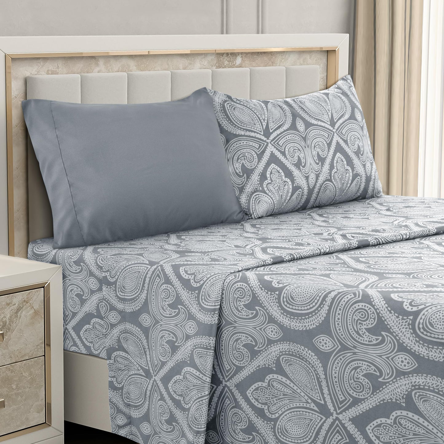 Parure de lit LUX Decor Paisley King, 6 pièces, draps doux en microfibre infroissables – Draps de lit imprimés luxueux comprenant un drap plat, un drap-housse avec poches profondes et 4 taies d'oreiller – Taupe 