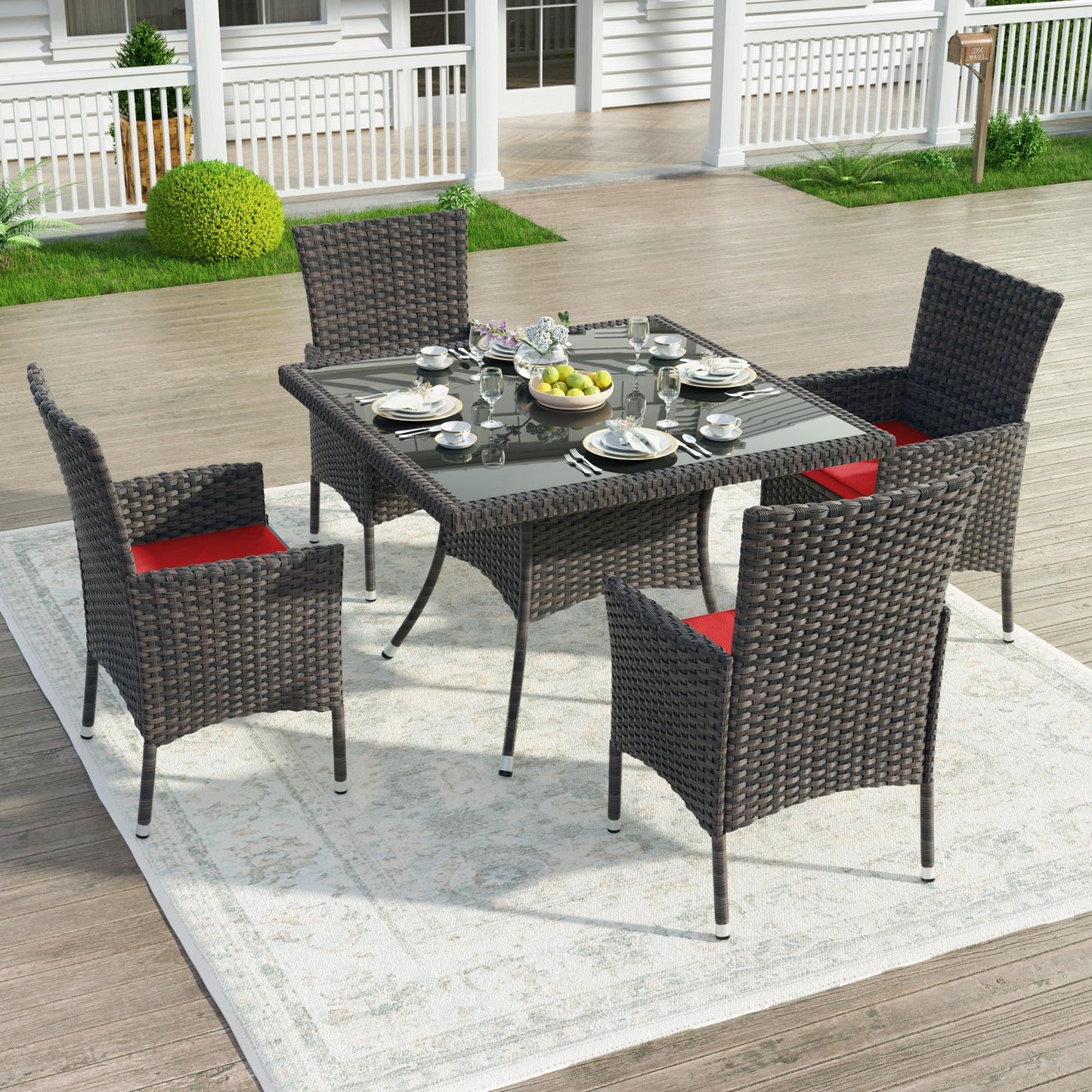 Kullavik 15-Piece Outdoor Dining Set Patio Rattan Furniture Set,Patio Dining Table and Chairs Set with 12 Chairs and Cushions,Square Glass Tabletop with Umbrella Hole for Patio,Backyard,Garden,Red