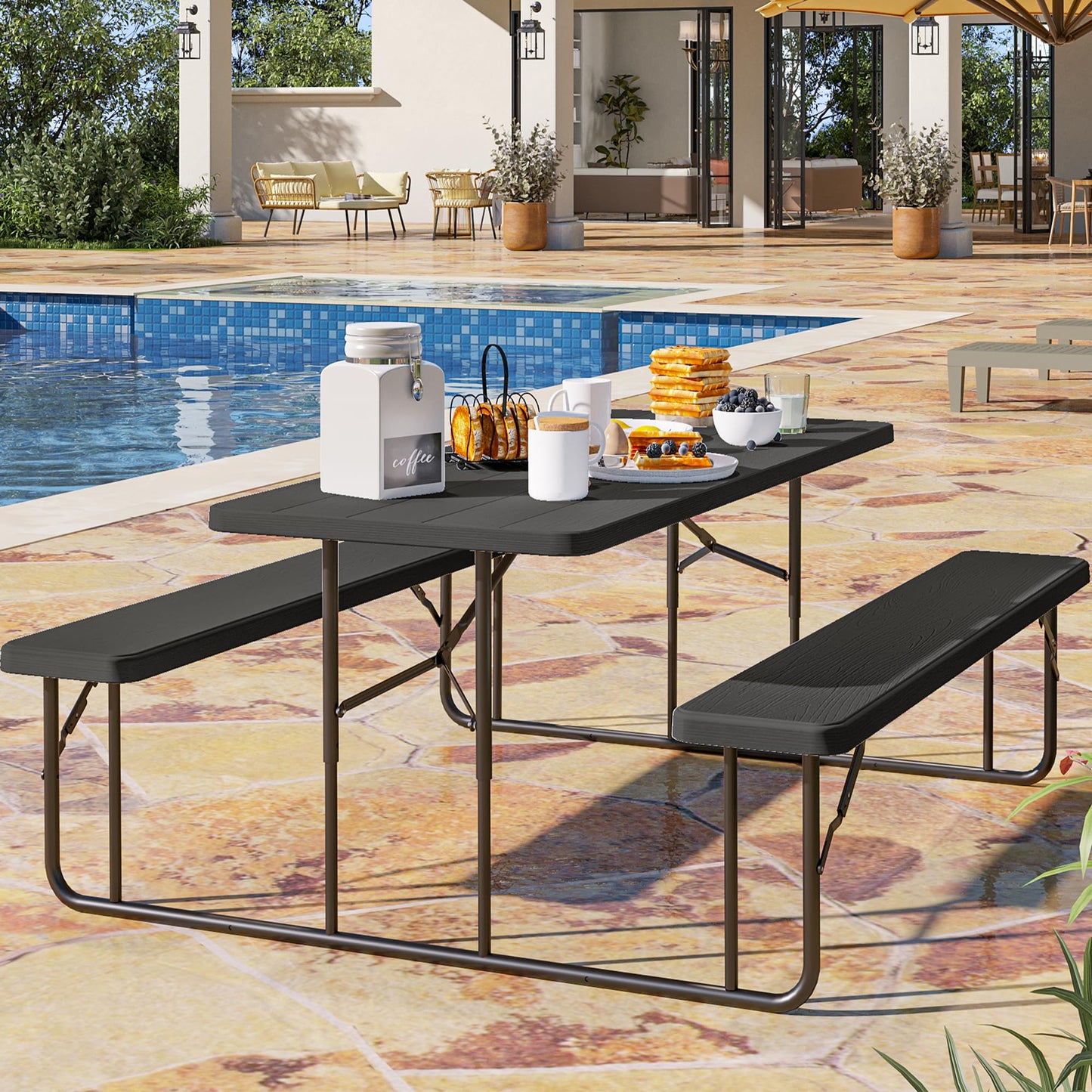 YITAHOME Table de pique-nique d'extérieur de 1,8 m avec plateau en bois, cadre en acier robuste et ouverture pour parapluie, table de pique-nique robuste idéale pour la cour, le patio, les rassemblements sur la pelouse, marron clair 