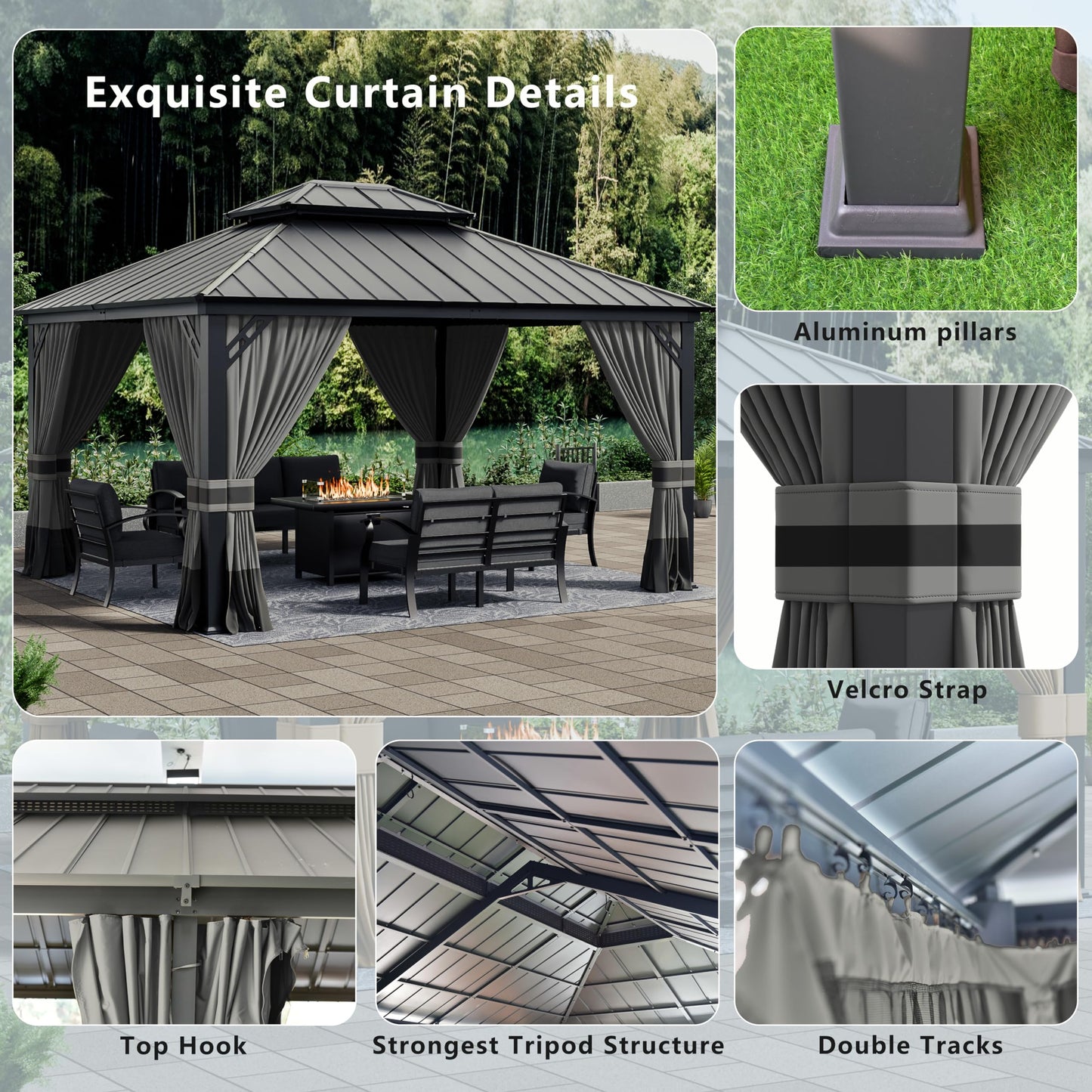 12x20ft Hardtop Gazebo Double Roof, Outdoor Pavilion with 2-Layer Hard top Galvanized Iron Frame Garden Tent, Suitable for courtyards, backyards, Decks, and Grass