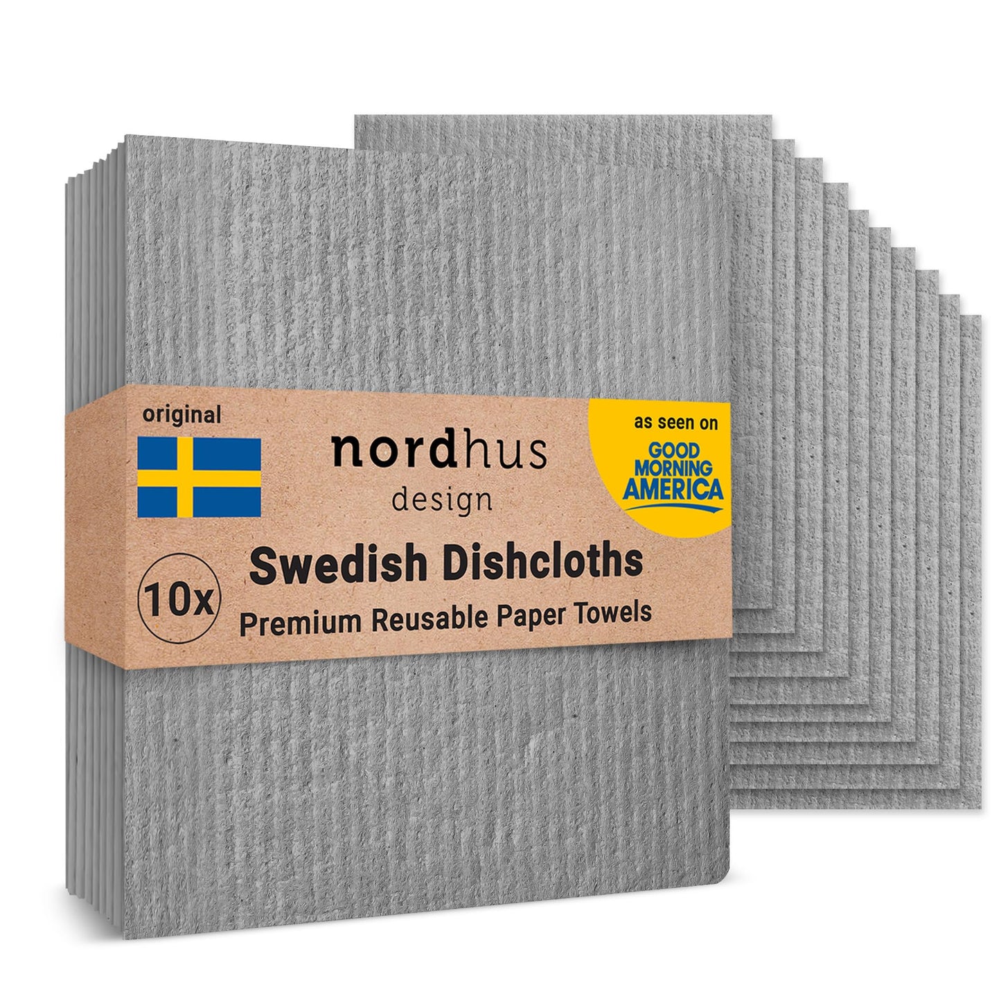 Nordhus Design Swedish Dishcloths for Kitchen, 10 Cloths, Made in Sweden - Reusable, Washable Cellulose Cotton Kitchen Cloths - Replace Paper Towels, Wipes, Sponges, Dish Rags