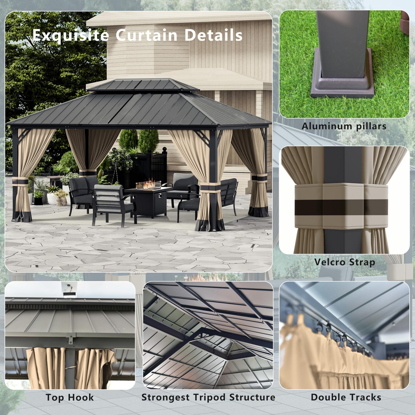 12x20ft Hardtop Gazebo Double Roof, Outdoor Pavilion with 2-Layer Hard top Galvanized Iron Frame Garden Tent, Suitable for courtyards, backyards, Decks, and Grass