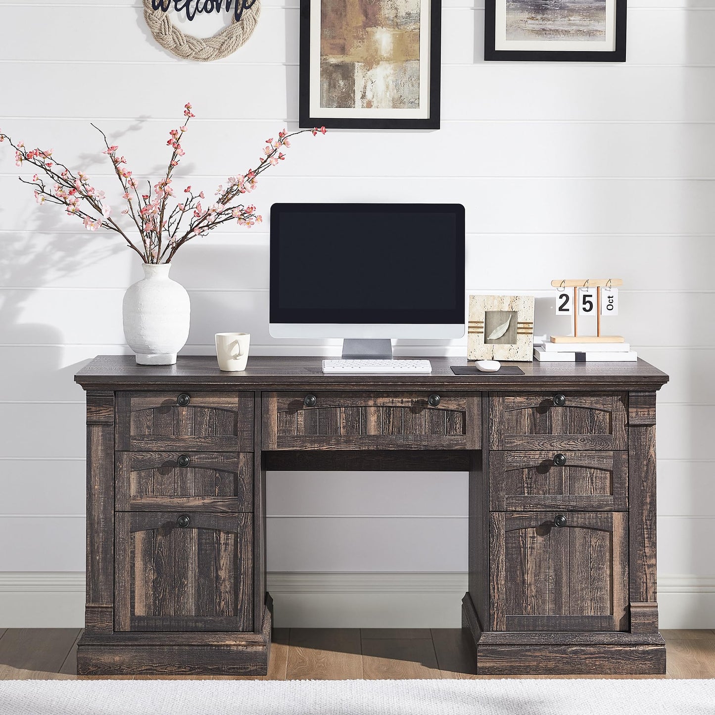 OKD 60" Executive Desk with Drawers, Farmhouse Home Office Desk with Charging Station, Keyboard Tray, File Cabinet Storage, Wood Computer Desk for Work and Study, Antique White