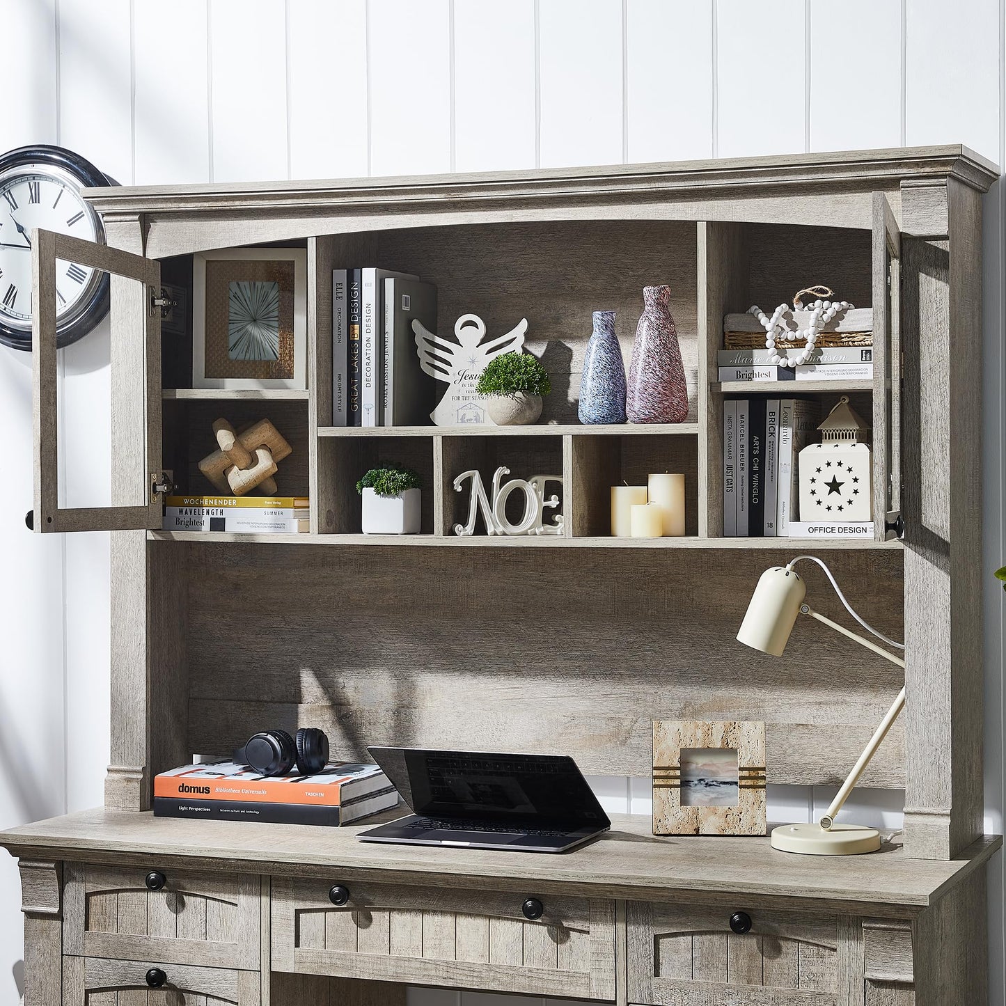 OKD 60" Executive Desk with Drawers, Farmhouse Home Office Desk with Charging Station, Keyboard Tray, File Cabinet Storage, Wood Computer Desk for Work and Study, Antique White