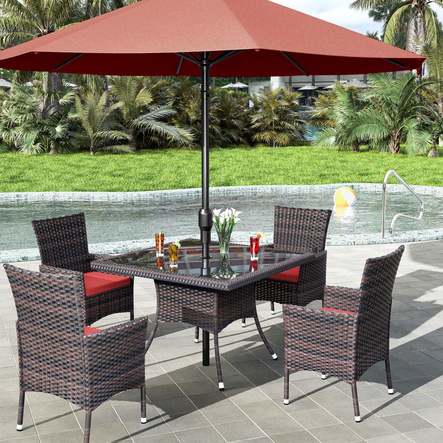 15 Pieces Patio Dining Set Outdoor Rattan Furniture Dinning Set with 3 Square Glass Tabletops 12 Chairs with Navy Blue Cushions for Patio, Backyard Outdoor Kitchen Lawn & Garden