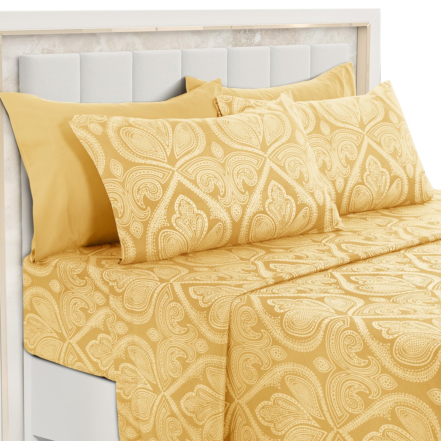 Parure de lit LUX Decor Paisley King, 6 pièces, draps doux en microfibre infroissables – Draps de lit imprimés luxueux comprenant un drap plat, un drap-housse avec poches profondes et 4 taies d'oreiller – Taupe 